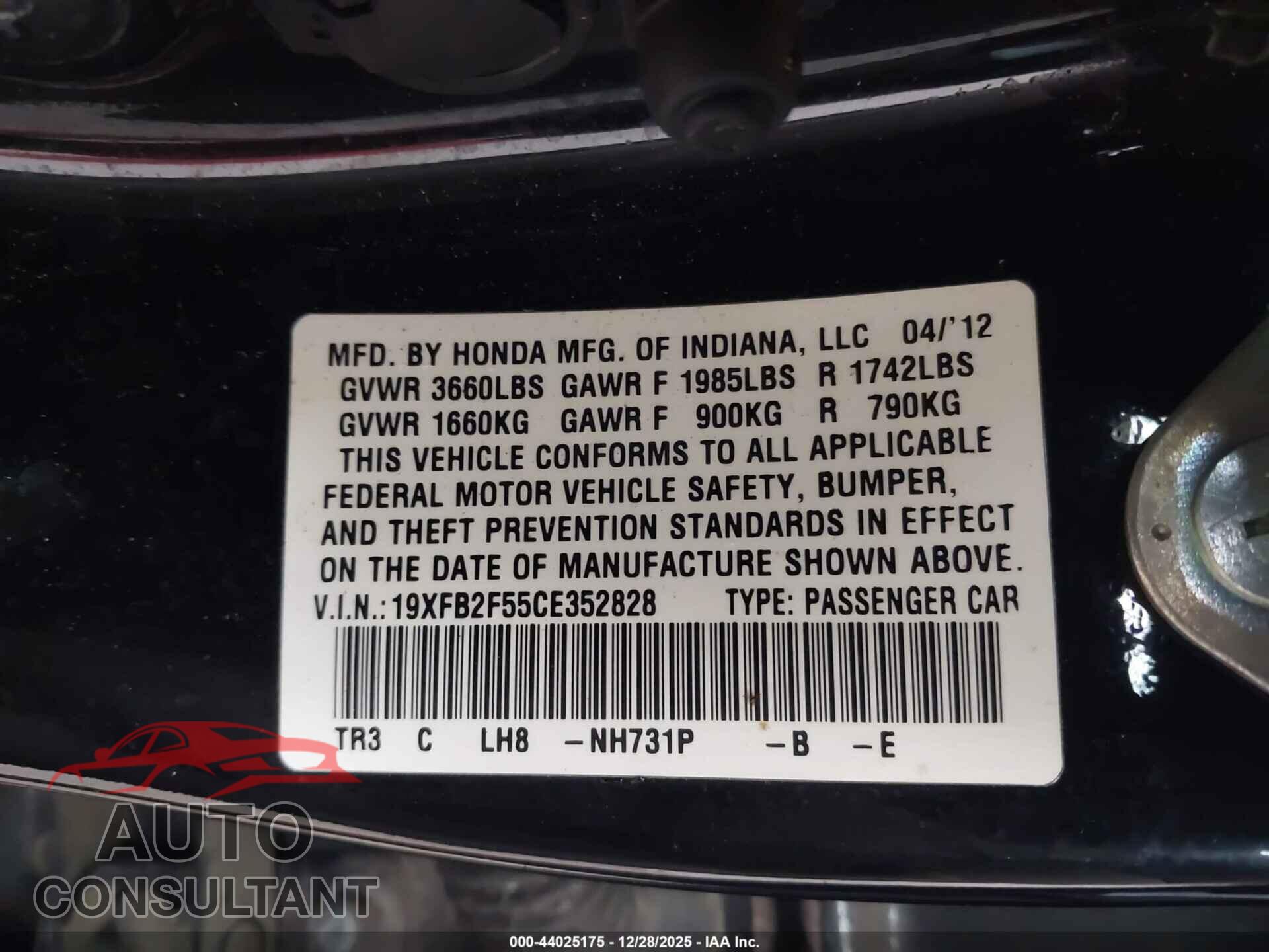HONDA CIVIC 2012 - 19XFB2F55CE352828
