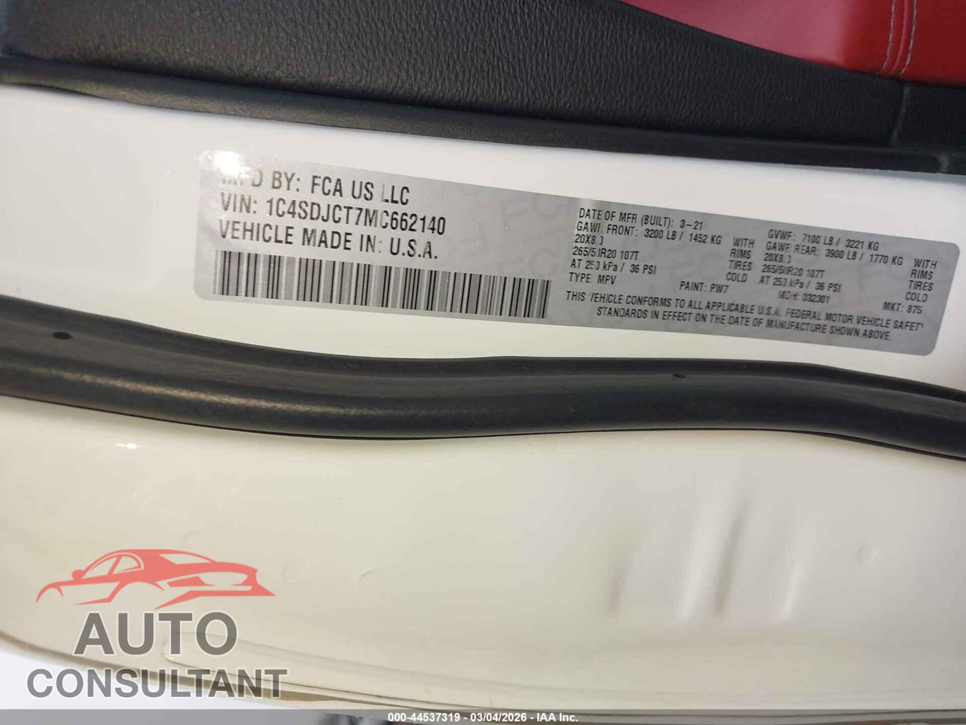 DODGE DURANGO 2021 - 1C4SDJCT7MC662140