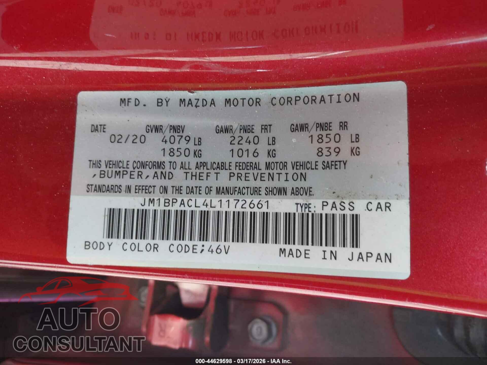 MAZDA MAZDA3 2020 - JM1BPACL4L1172661