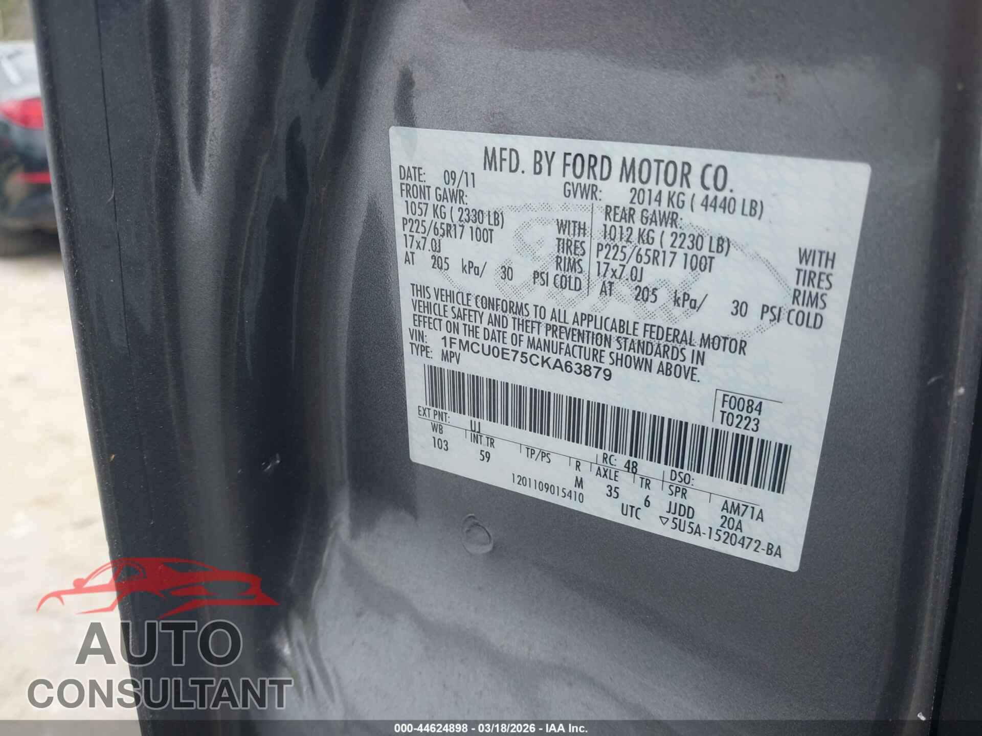FORD ESCAPE 2012 - 1FMCU0E75CKA63879