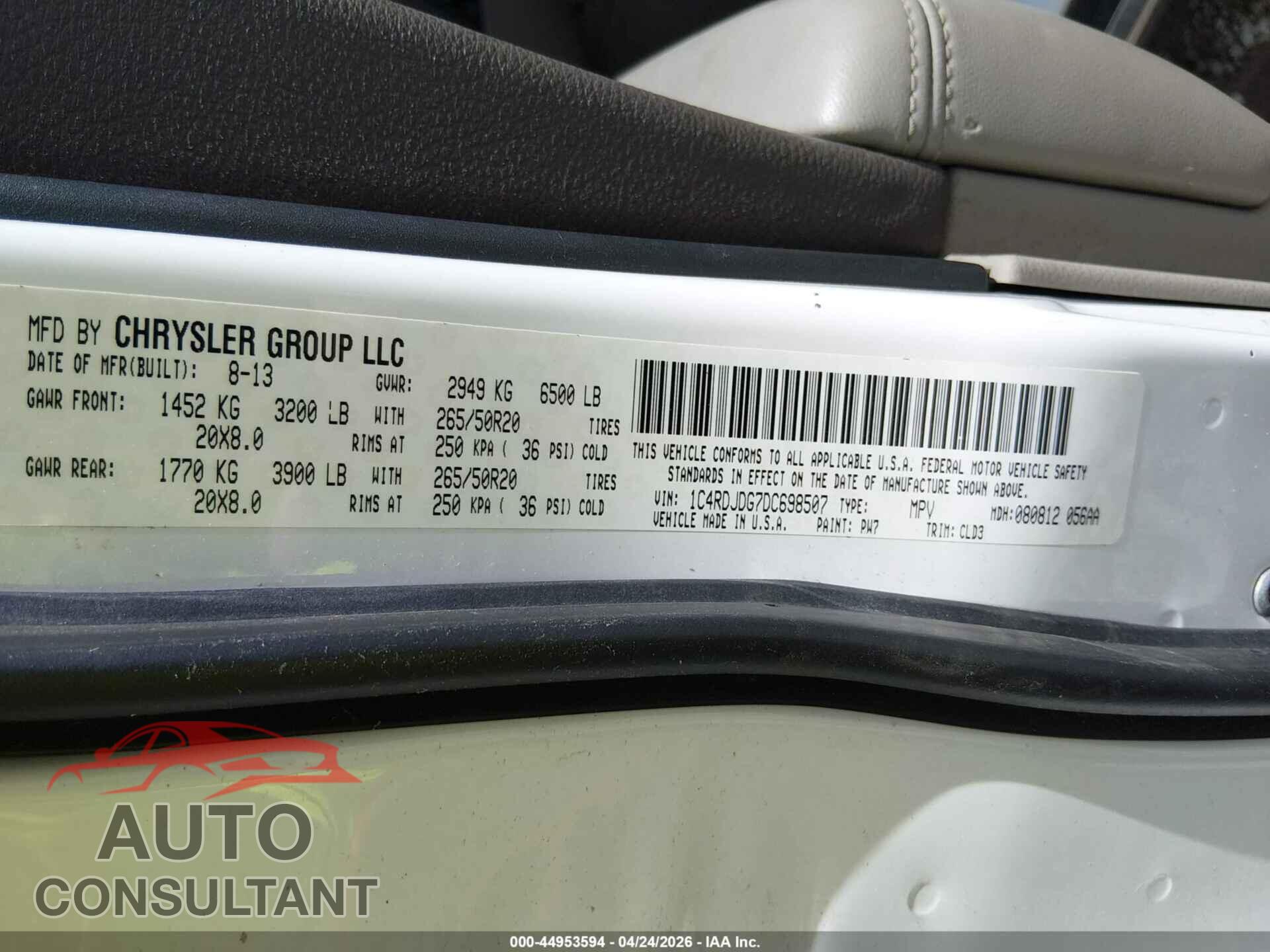 DODGE DURANGO 2013 - 1C4RDJDG7DC698507