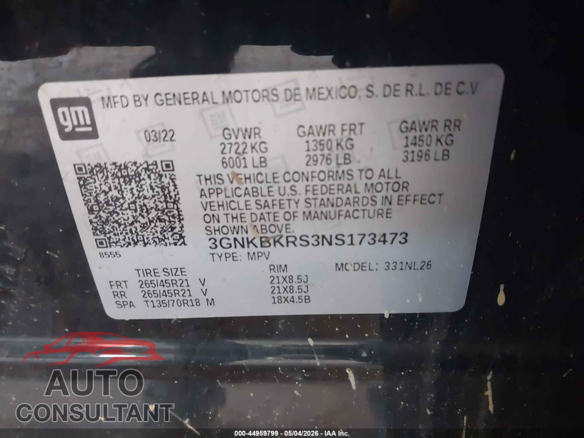 CHEVROLET BLAZER 2022 - 3GNKBKRS3NS173473