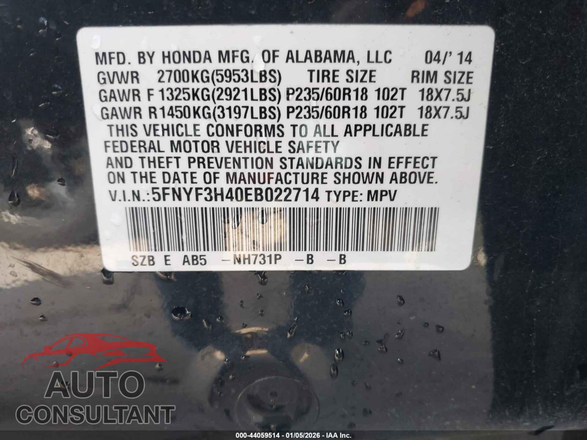HONDA PILOT 2014 - 5FNYF3H40EB022714