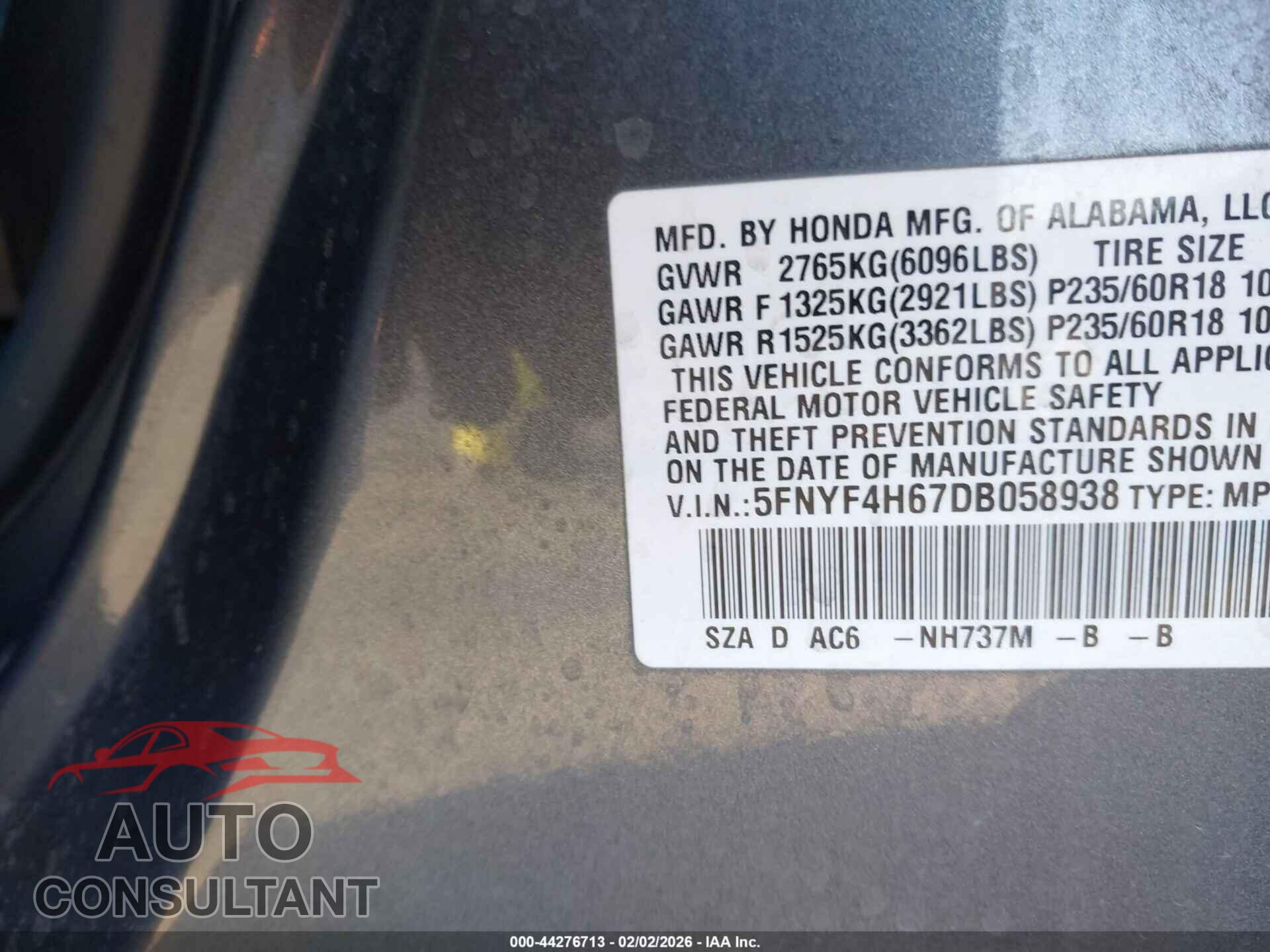HONDA PILOT 2013 - 5FNYF4H67DB058938