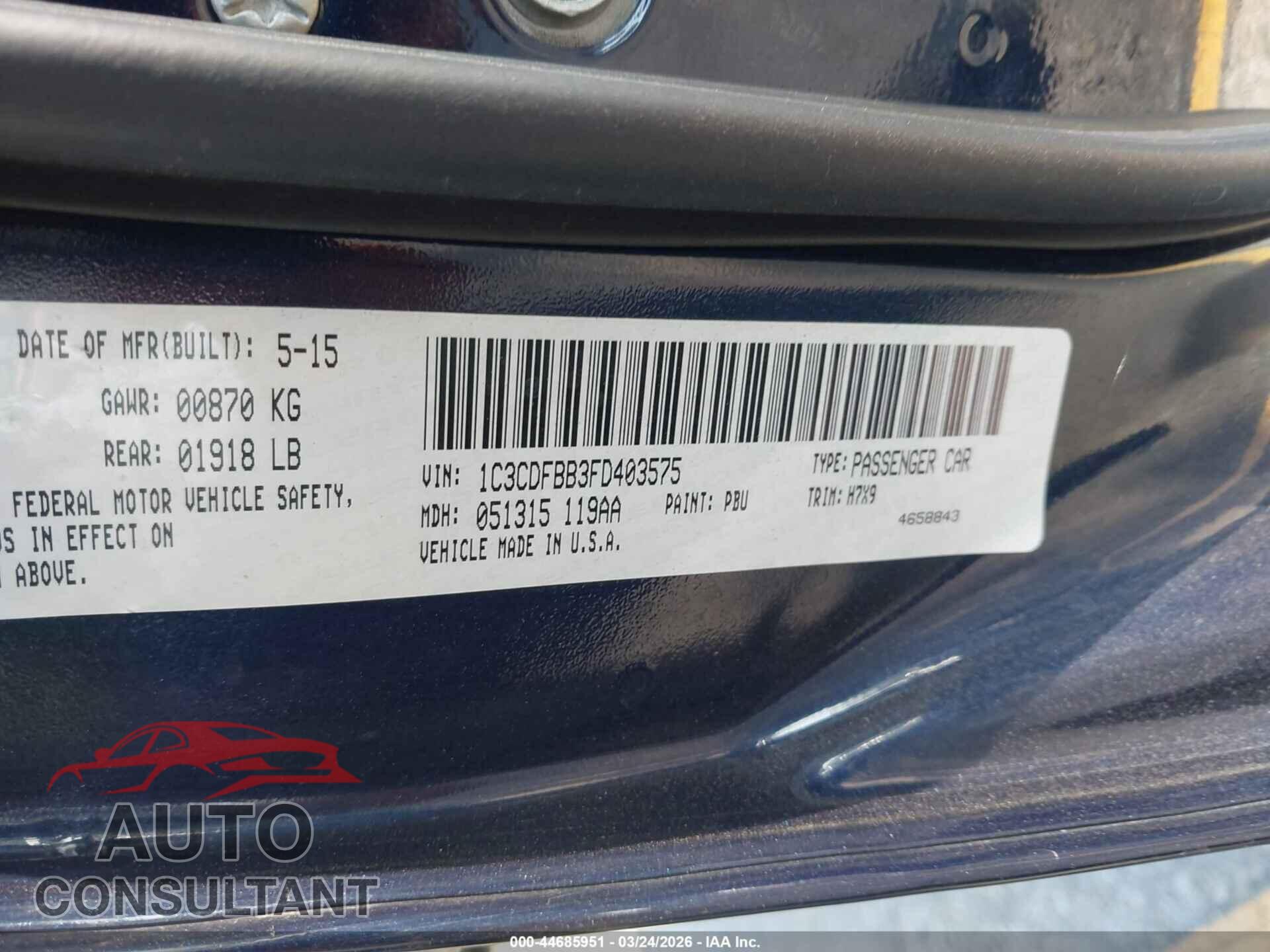 DODGE DART 2015 - 1C3CDFBB3FD403575