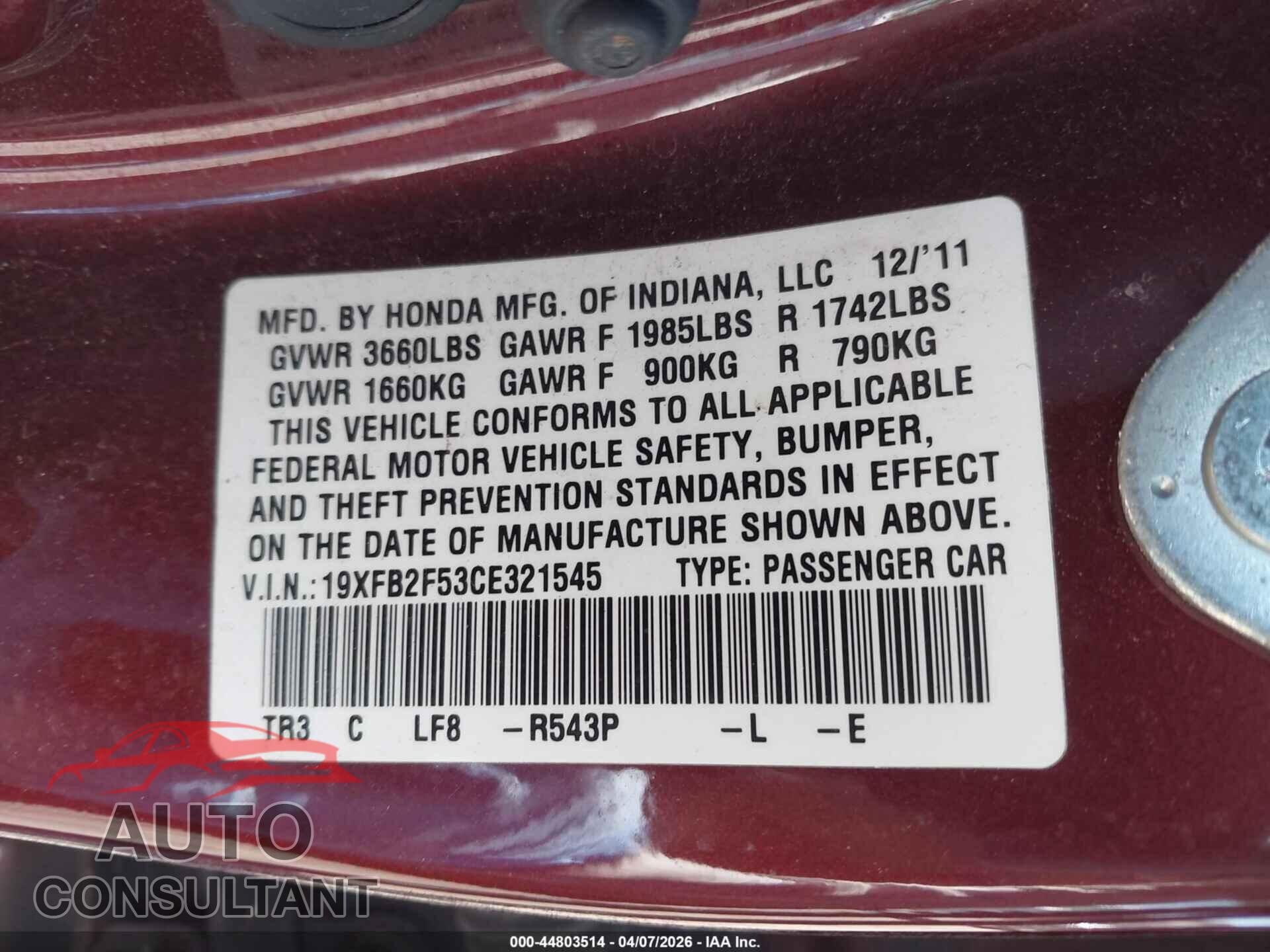 HONDA CIVIC 2012 - 19XFB2F53CE321545