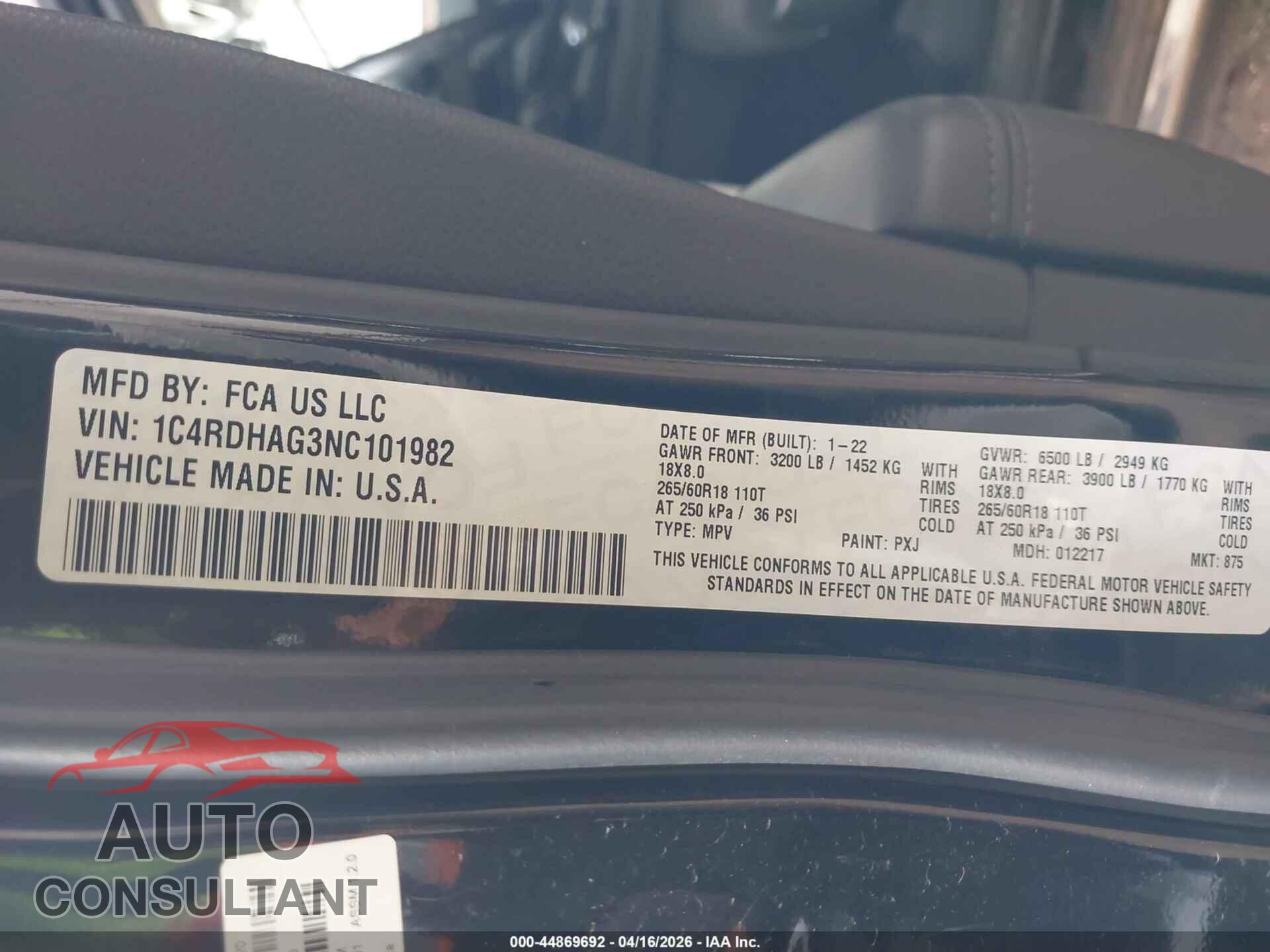 DODGE DURANGO 2022 - 1C4RDHAG3NC101982