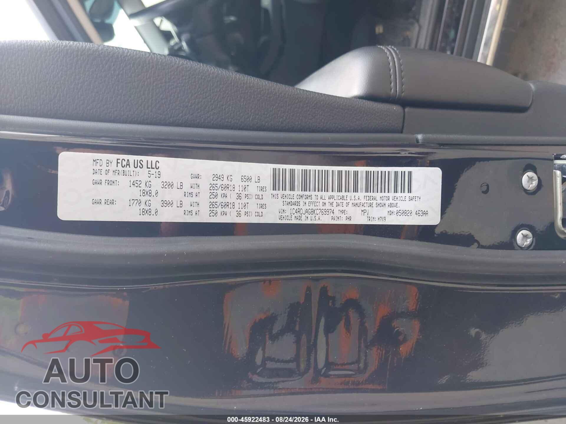DODGE DURANGO 2019 - 1C4RDJAG8KC769974