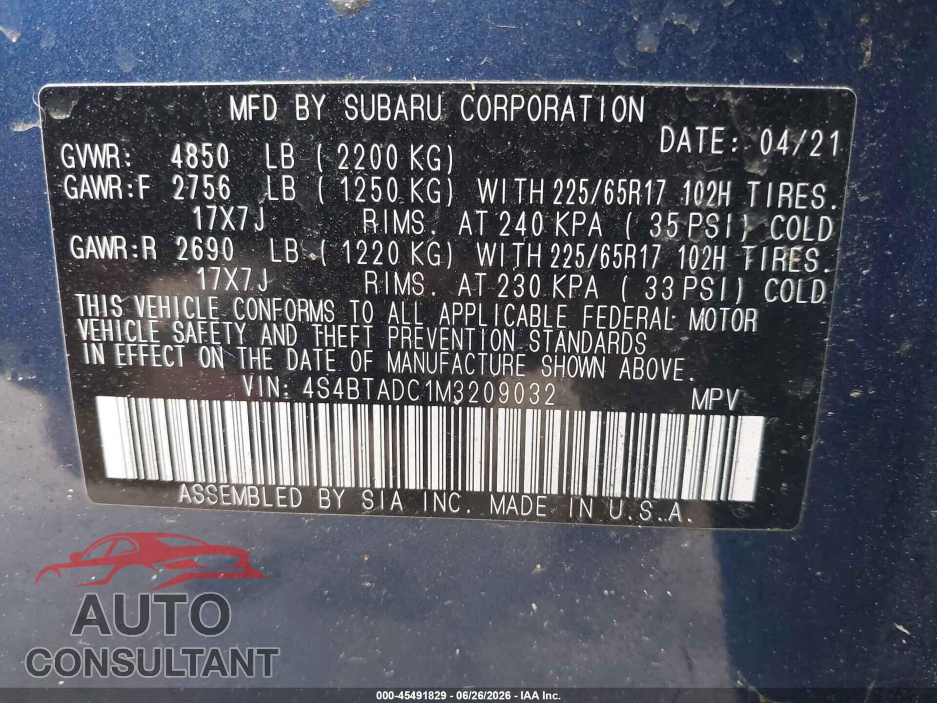 SUBARU OUTBACK 2021 - 4S4BTADC1M3209032