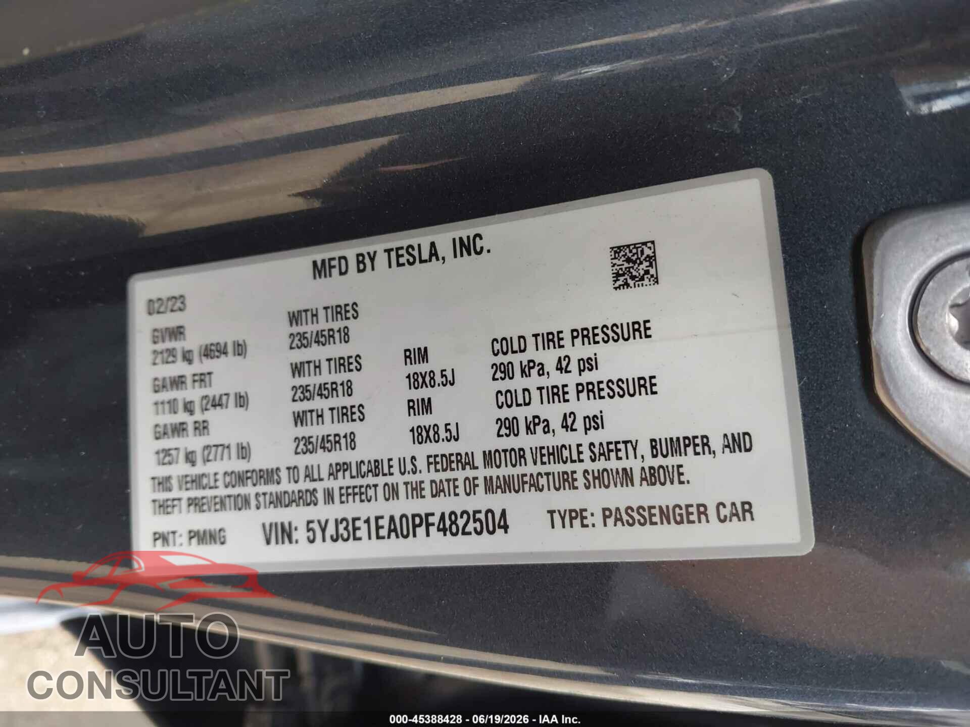 TESLA MODEL 3 2023 - 5YJ3E1EA0PF482504