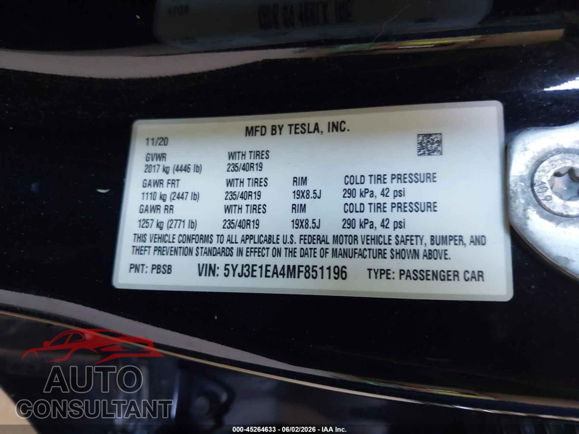 TESLA MODEL 3 2021 - 5YJ3E1EA4MF851196