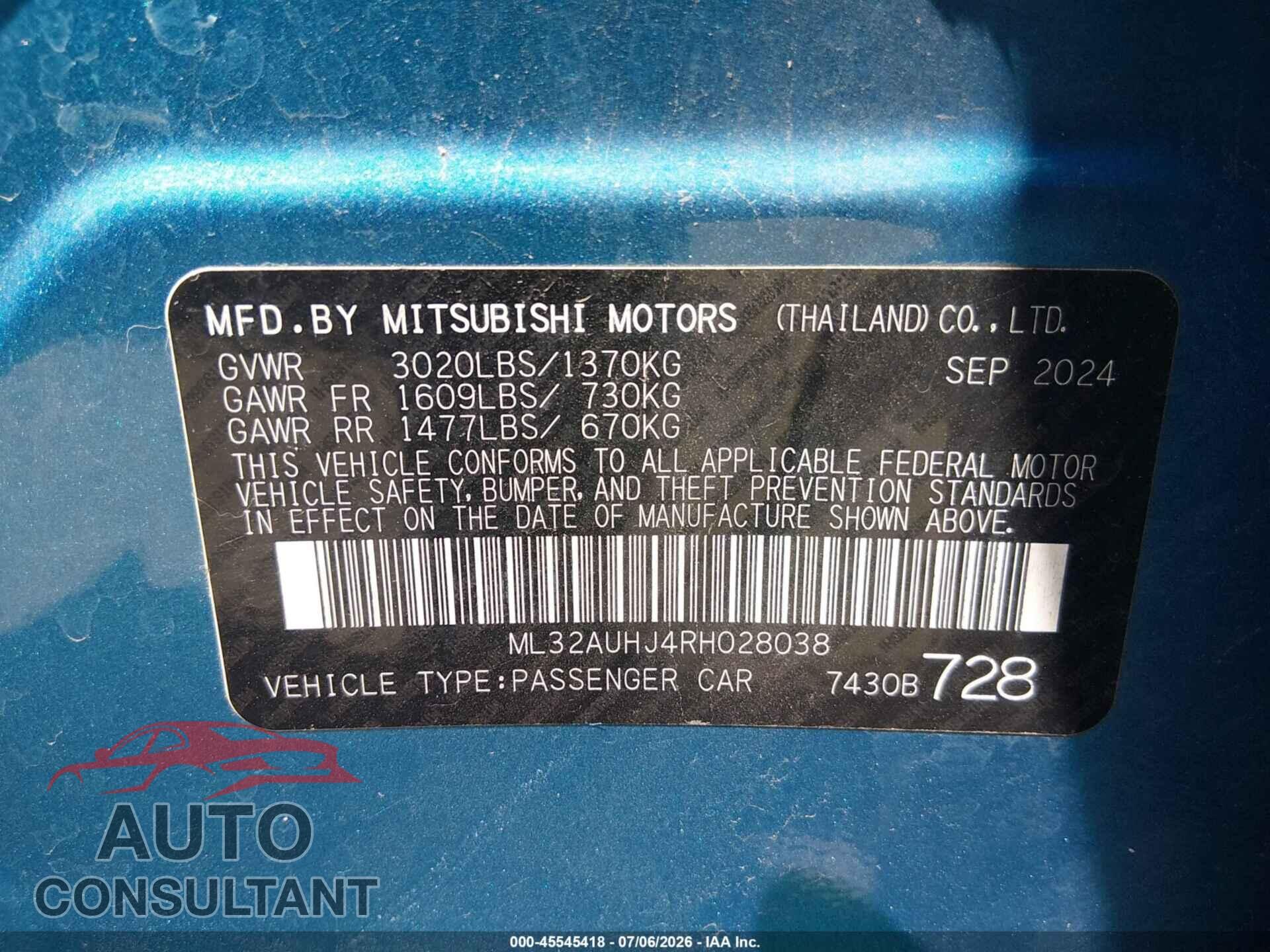 MITSUBISHI MIRAGE 2024 - ML32AUHJ4RH028038