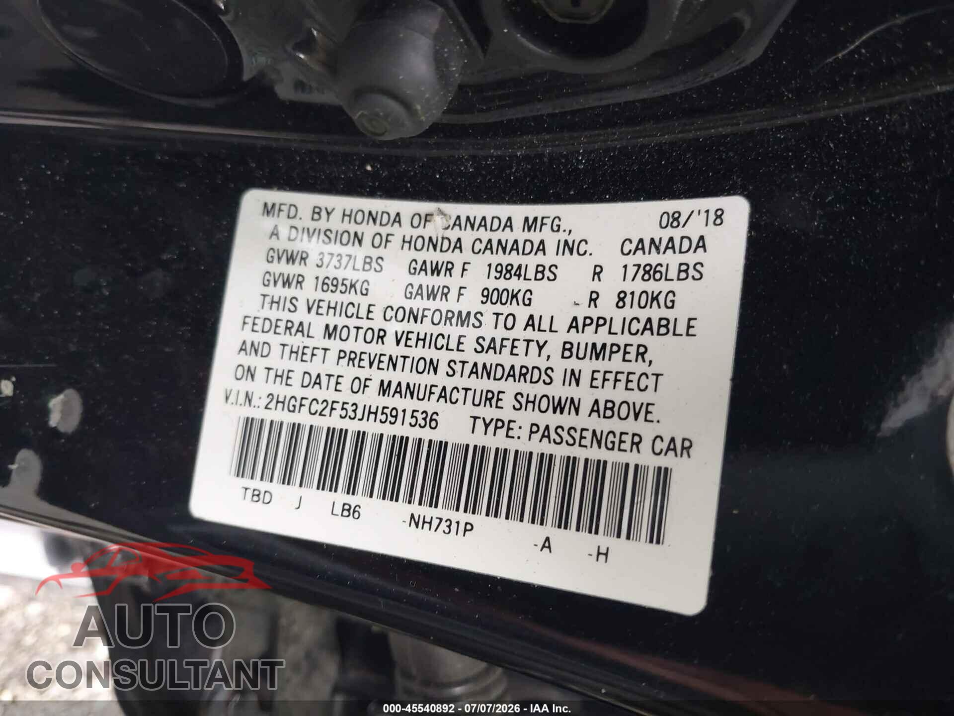 HONDA CIVIC 2018 - 2HGFC2F53JH591536