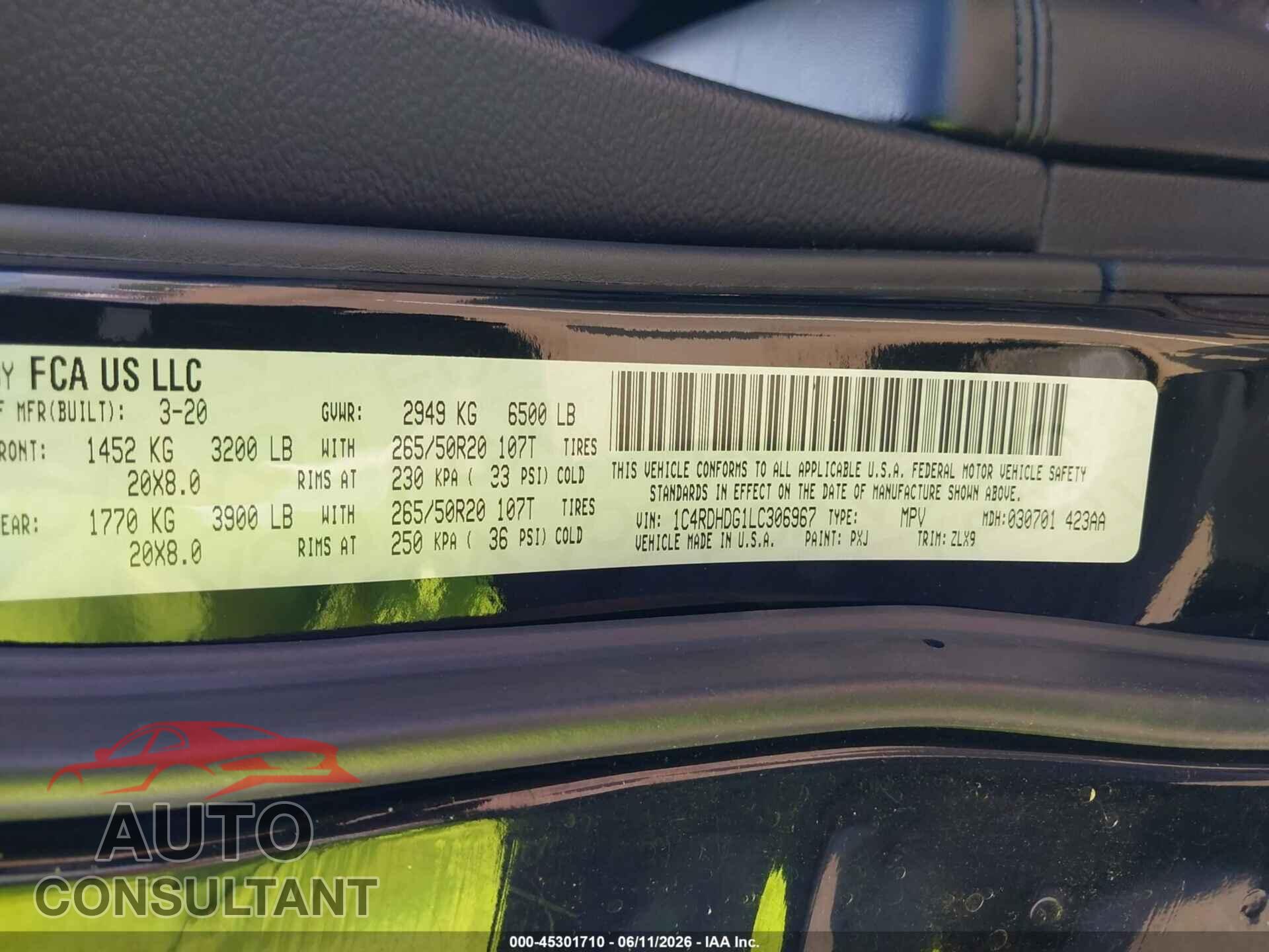 DODGE DURANGO 2020 - 1C4RDHDG1LC306967