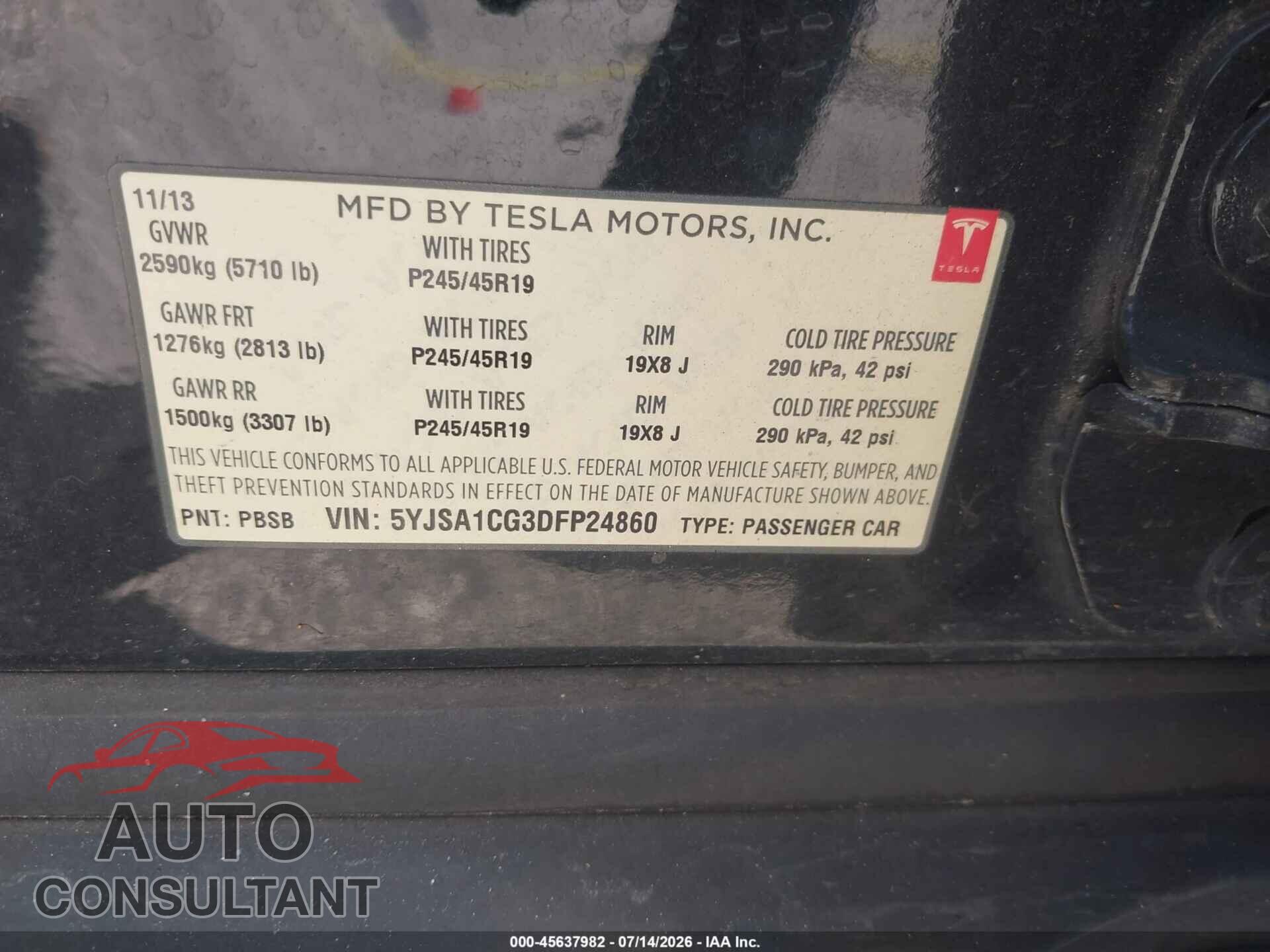 TESLA MODEL S 2013 - 5YJSA1CG3DFP24860