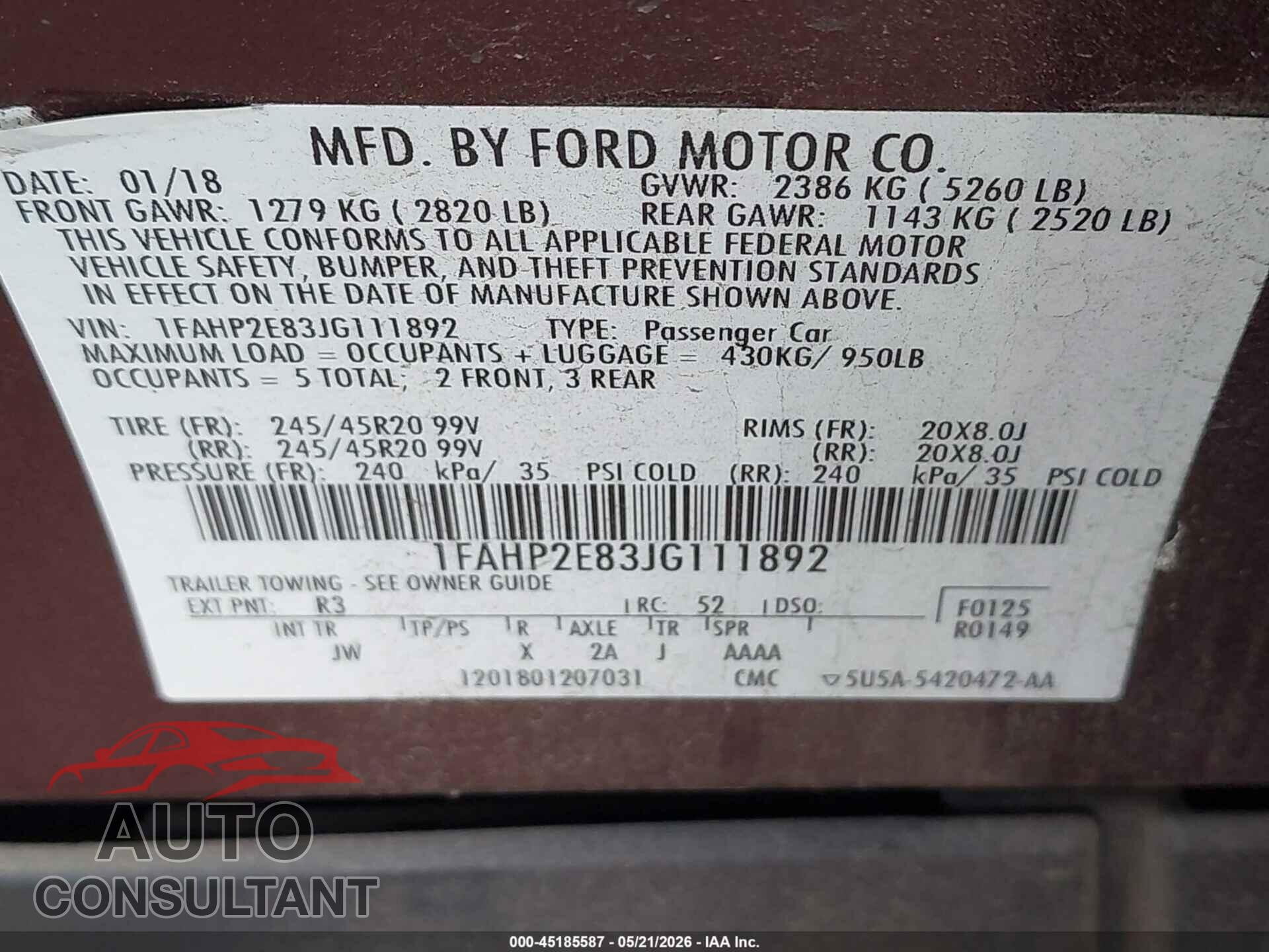 FORD TAURUS 2018 - 1FAHP2E83JG111892