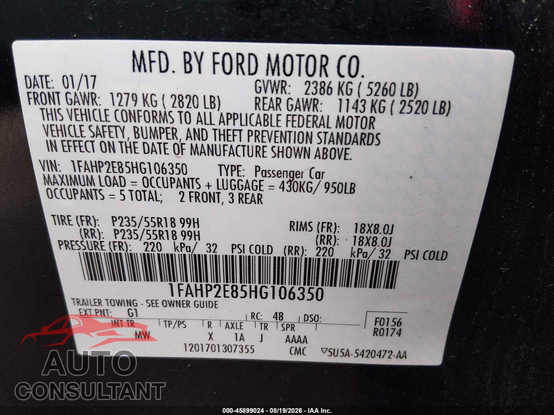 FORD TAURUS 2017 - 1FAHP2E85HG106350