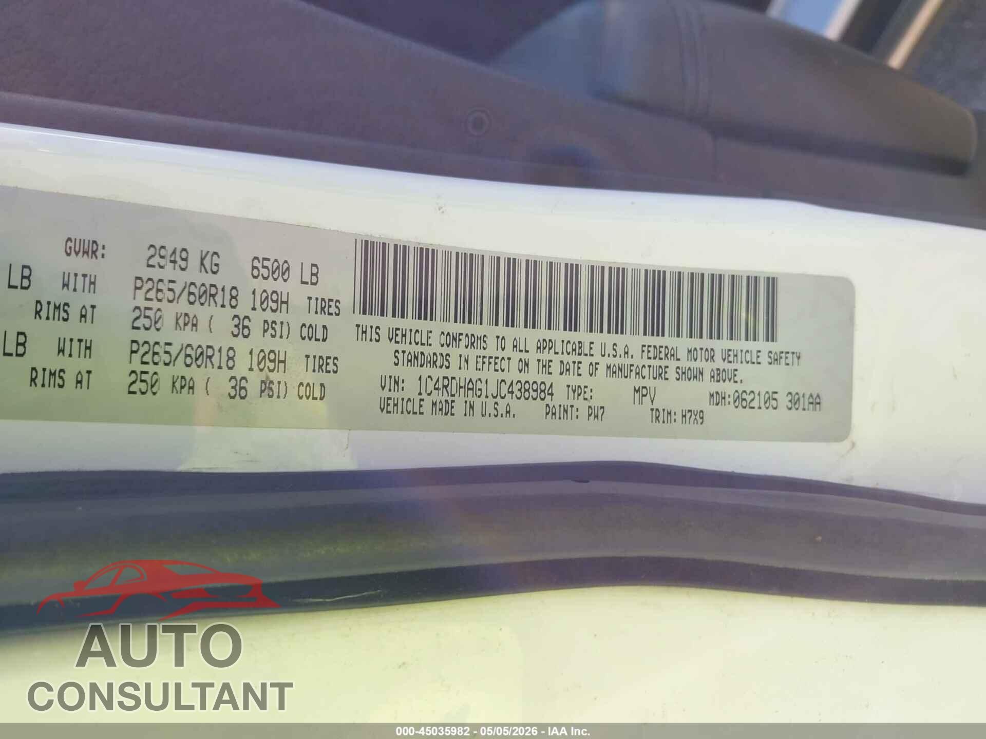 DODGE DURANGO 2018 - 1C4RDHAG1JC438984