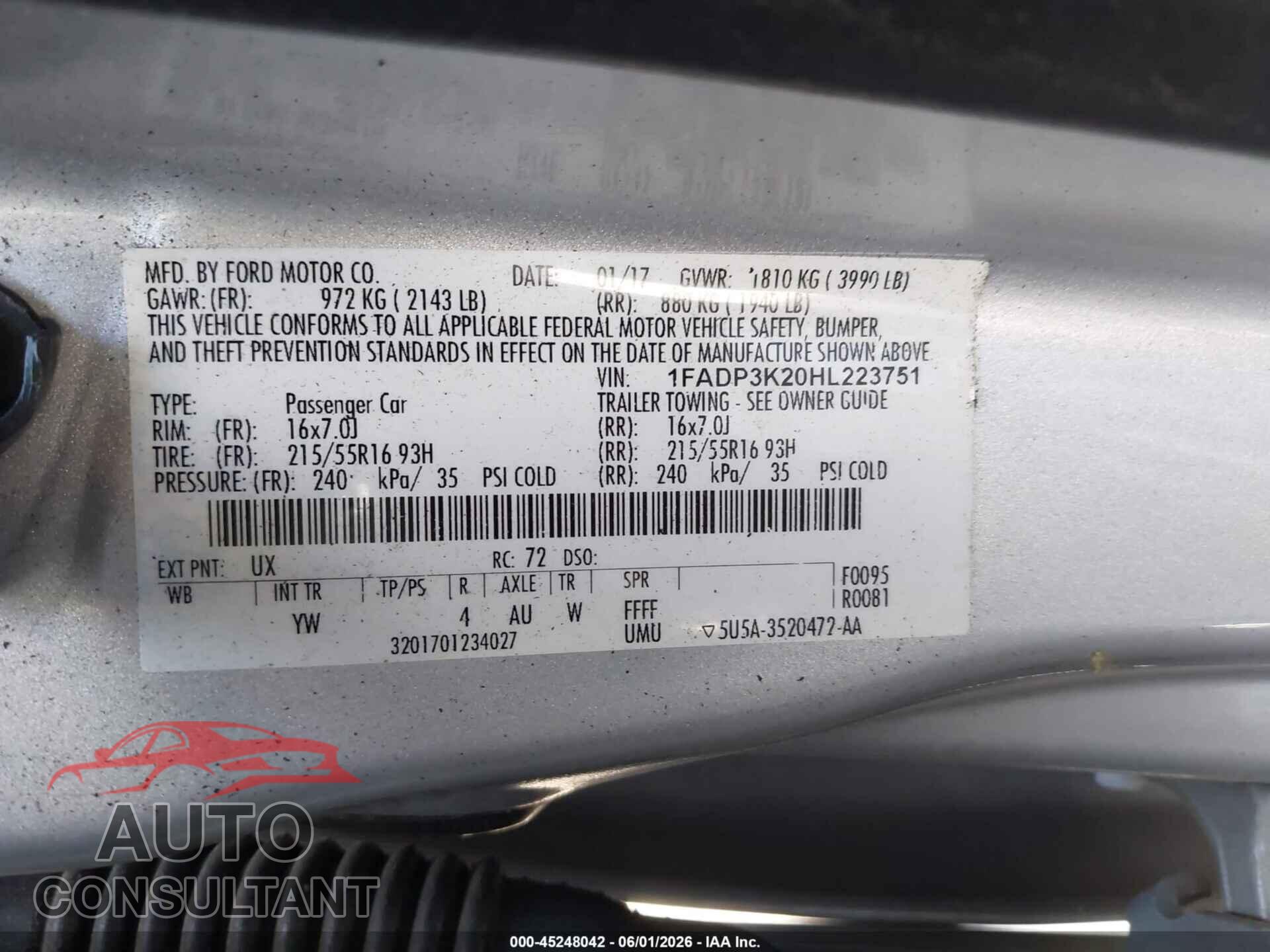 FORD FOCUS 2017 - 1FADP3K20HL223751