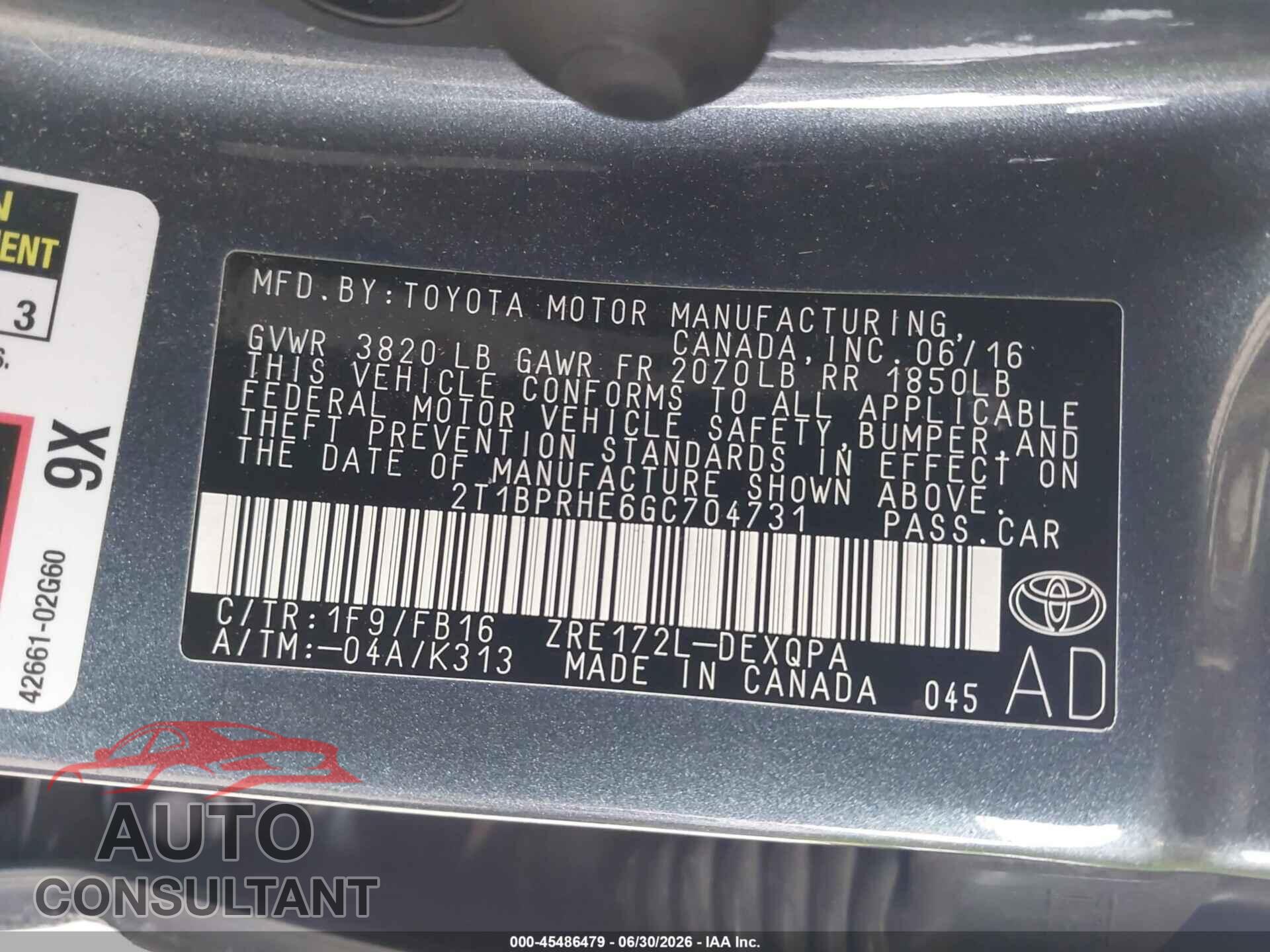 TOYOTA COROLLA 2016 - 2T1BPRHE6GC704731