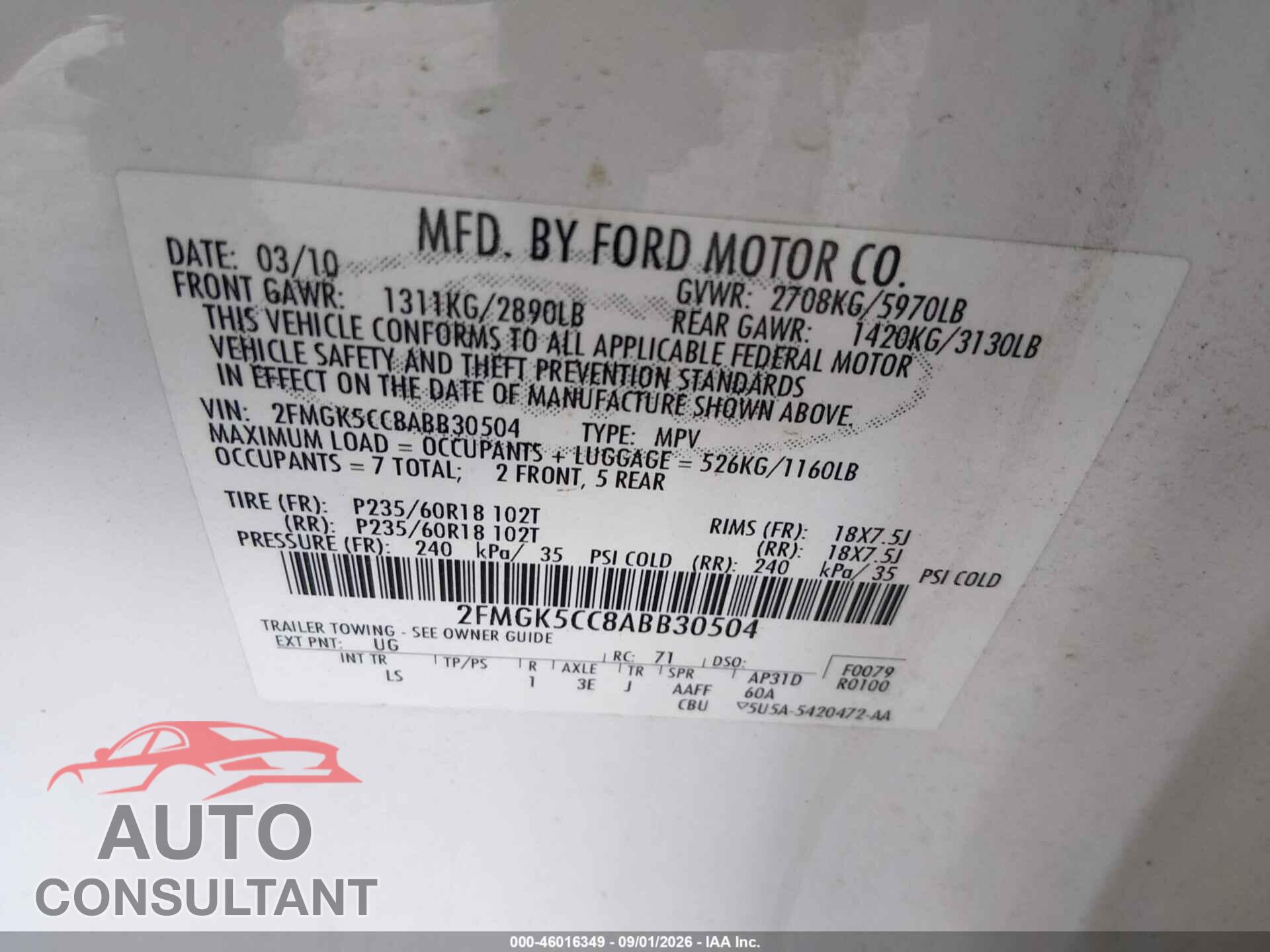 FORD FLEX 2010 - 2FMGK5CC8ABB30504