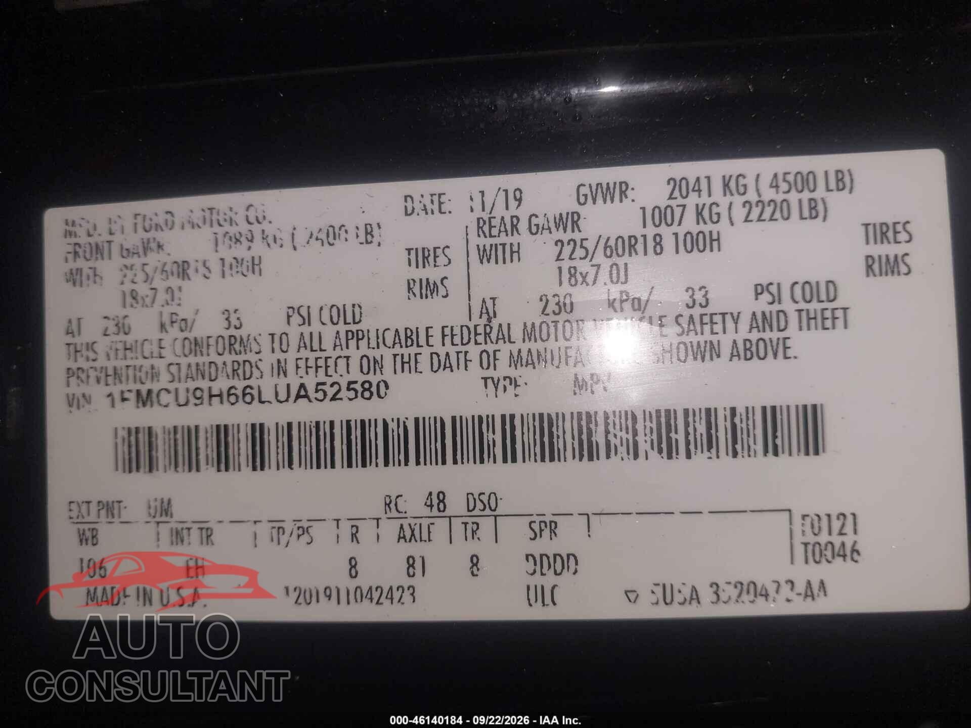 FORD ESCAPE 2020 - 1FMCU9H66LUA52580