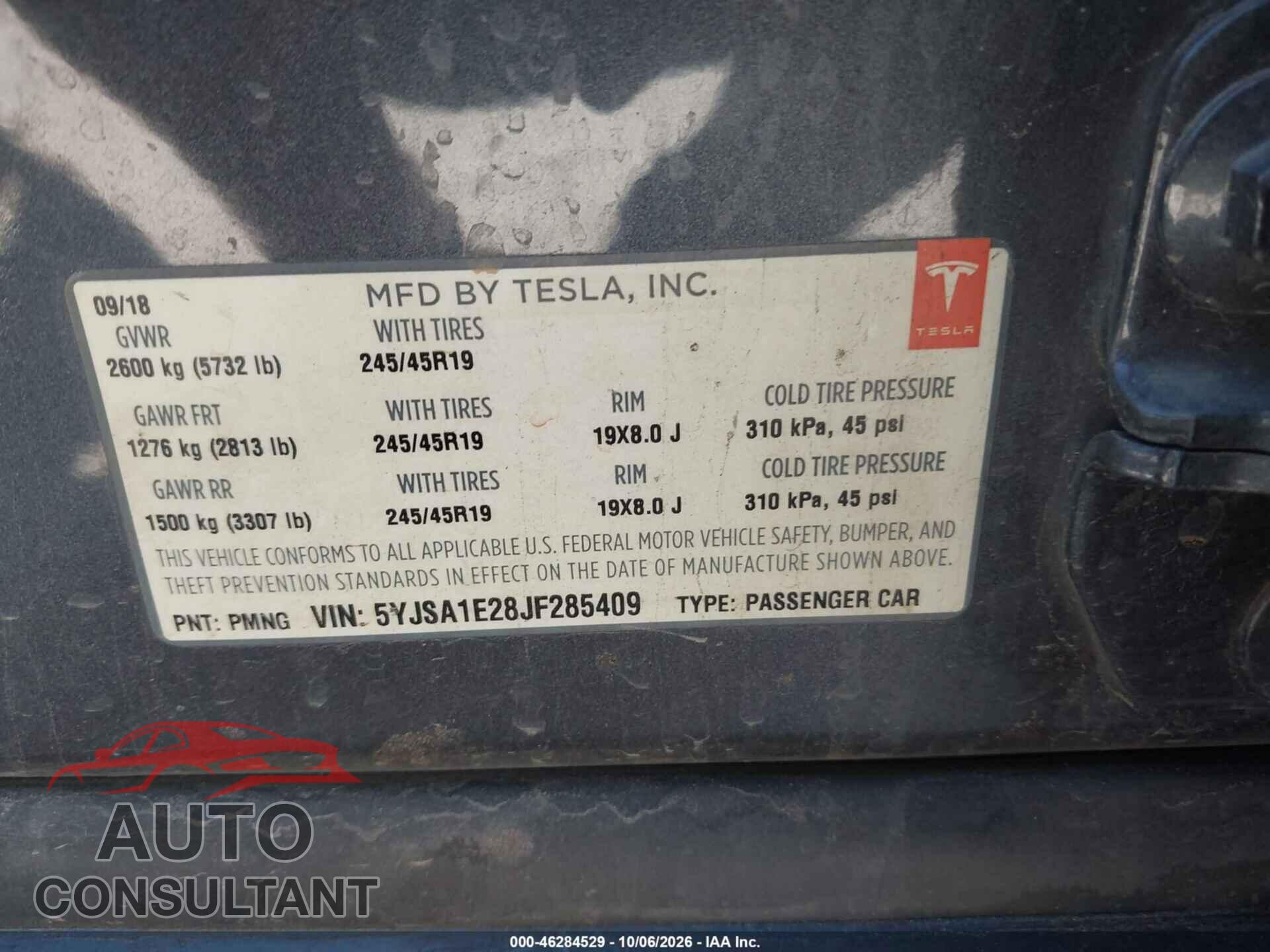 TESLA MODEL S 2018 - 5YJSA1E28JF285409