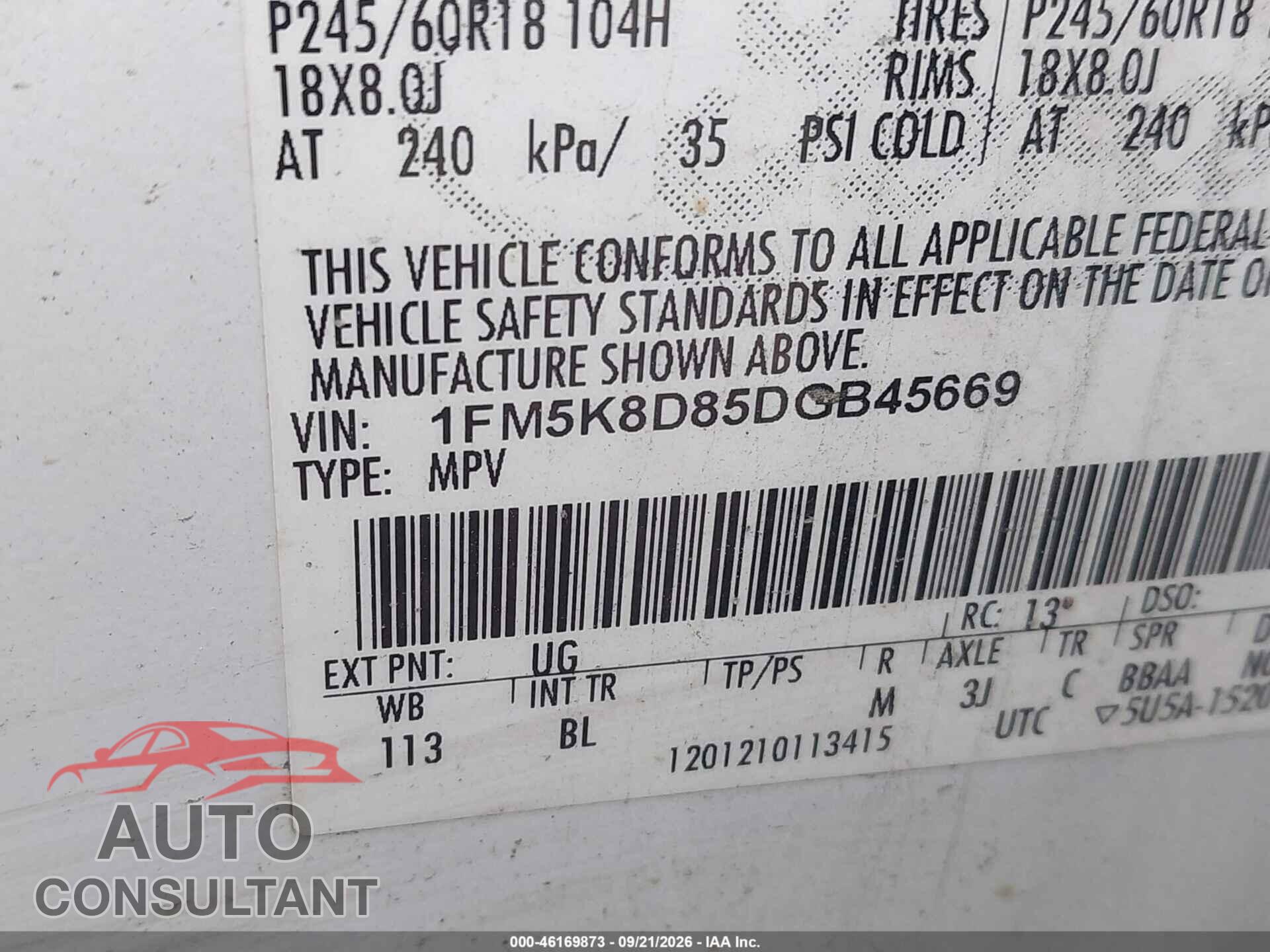 FORD EXPLORER 2013 - 1FM5K8D85DGB45669