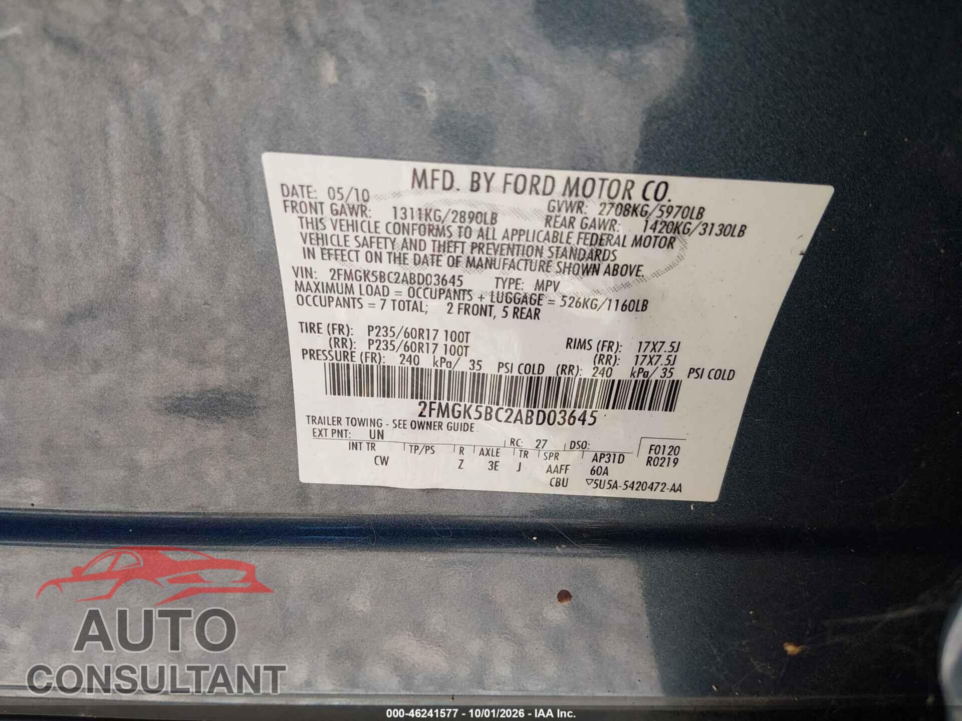 FORD FLEX 2010 - 2FMGK5BC2ABD03645