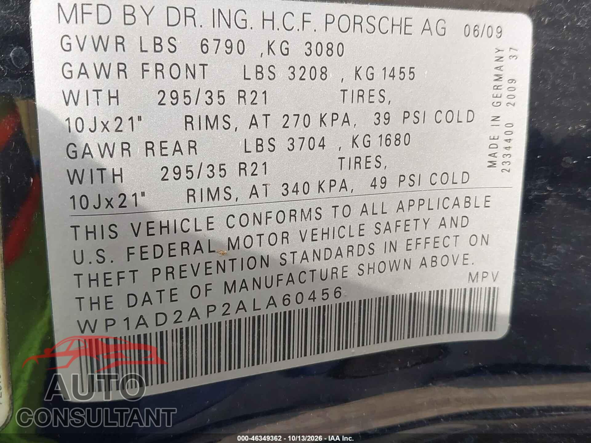 PORSCHE CAYENNE 2010 - WP1AD2AP2ALA60456