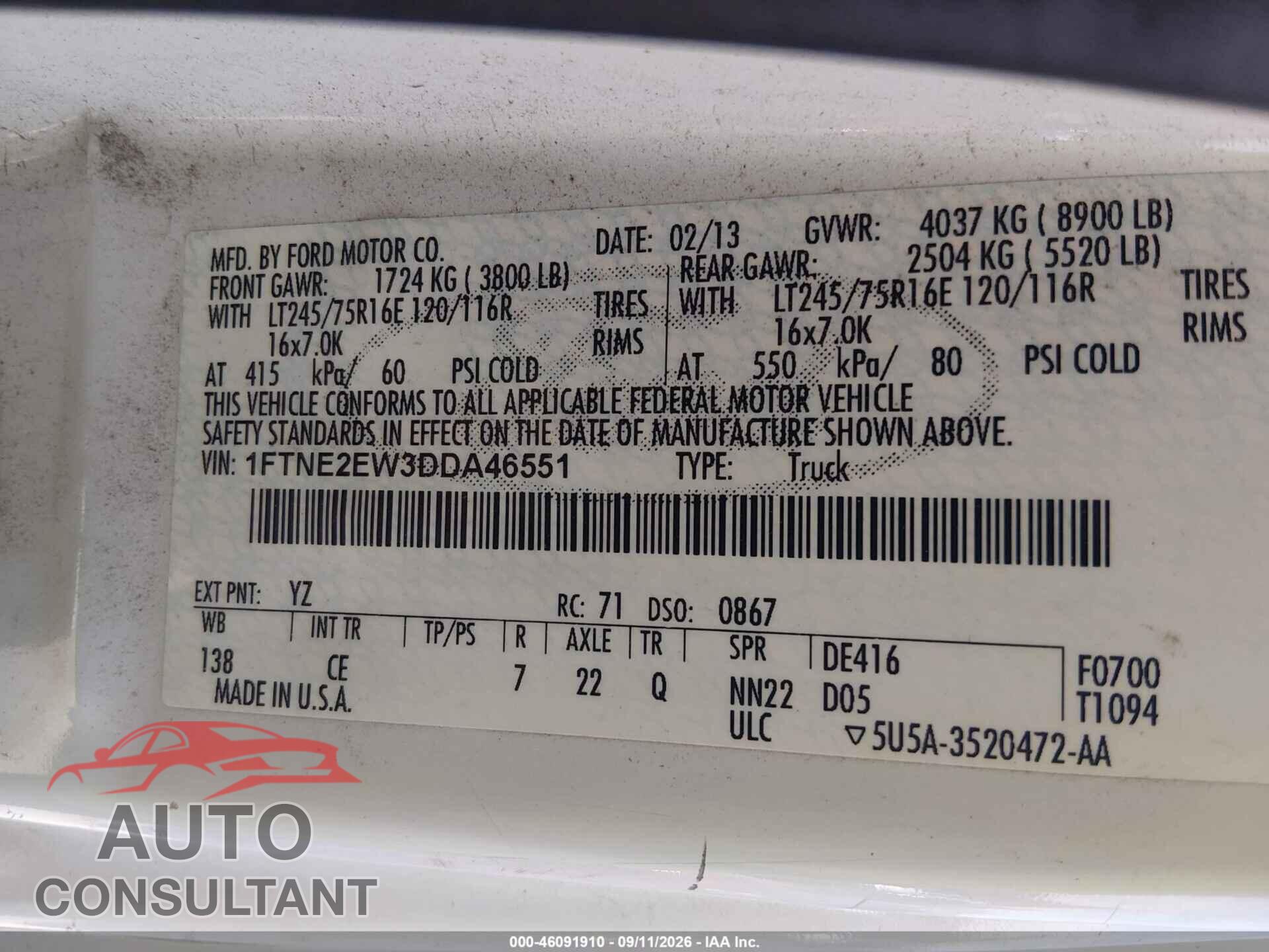FORD E-250 2013 - 1FTNE2EW3DDA46551