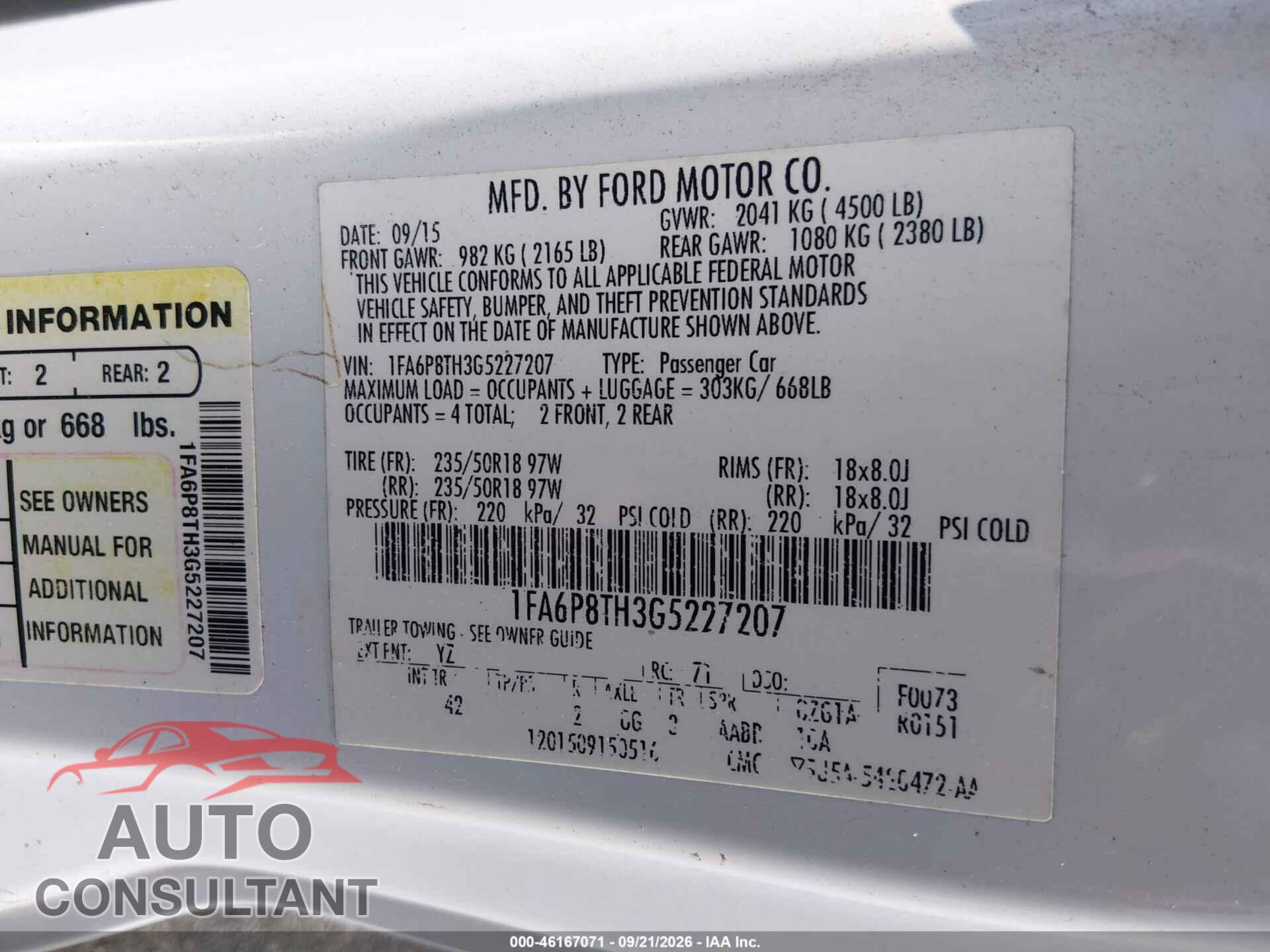 FORD MUSTANG 2016 - 1FA6P8TH3G5227207