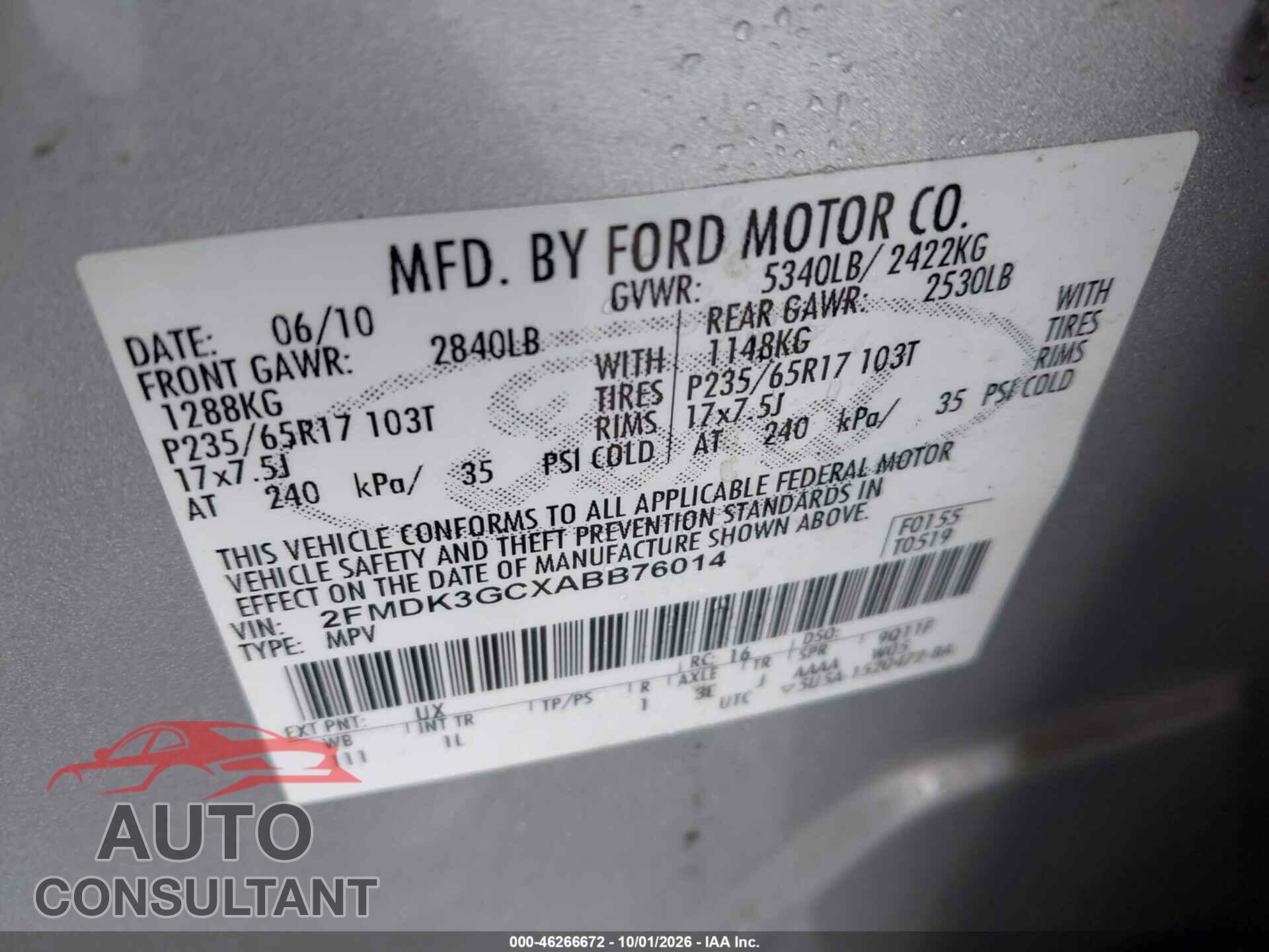 FORD EDGE 2010 - 2FMDK3GCXABB76014