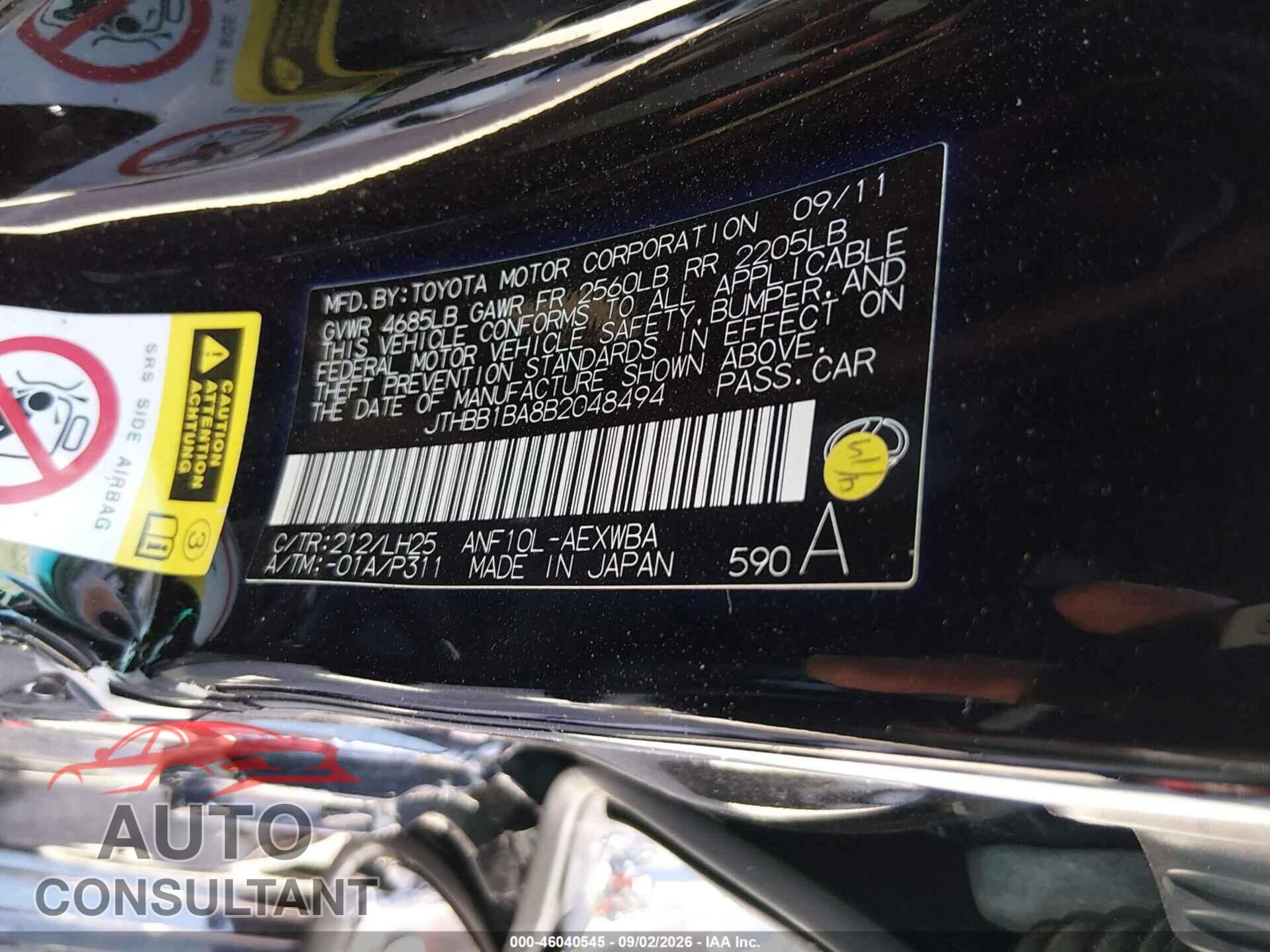 LEXUS HS 250H 2011 - JTHBB1BA8B2048494