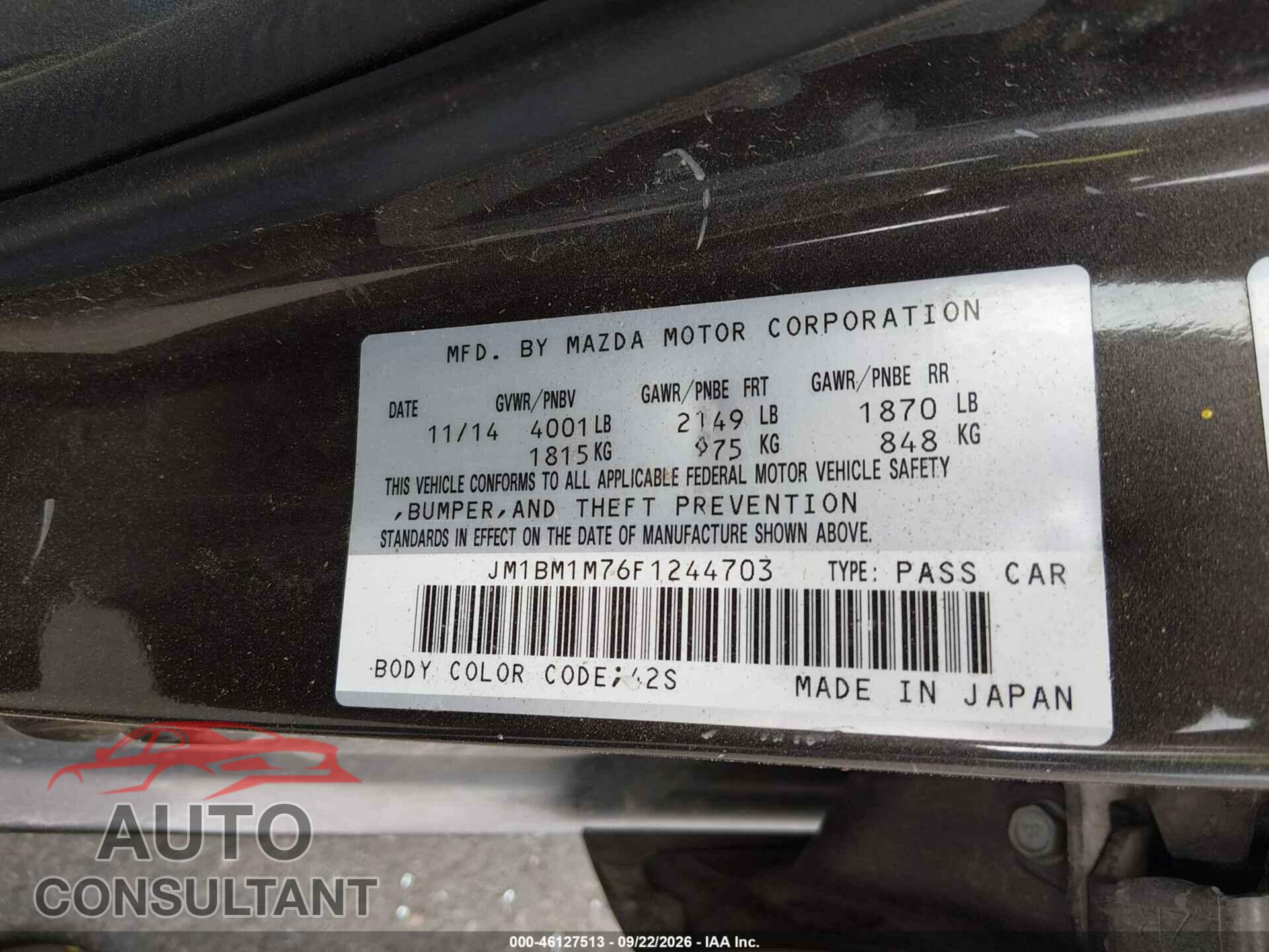 MAZDA MAZDA3 2015 - JM1BM1M76F1244703