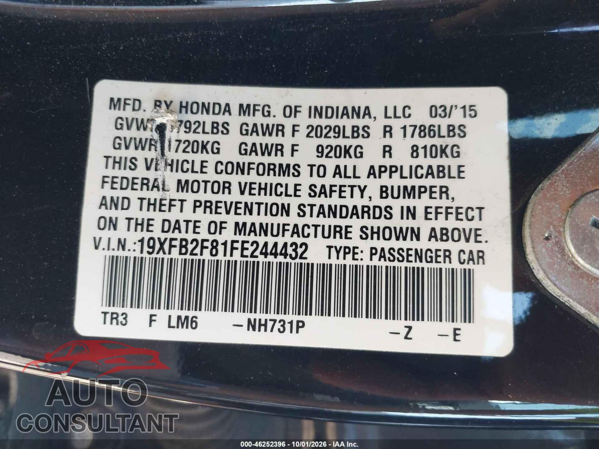 HONDA CIVIC 2015 - 19XFB2F81FE244432