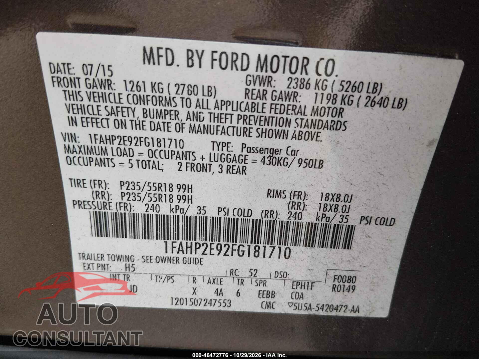 FORD TAURUS 2015 - 1FAHP2E92FG181710