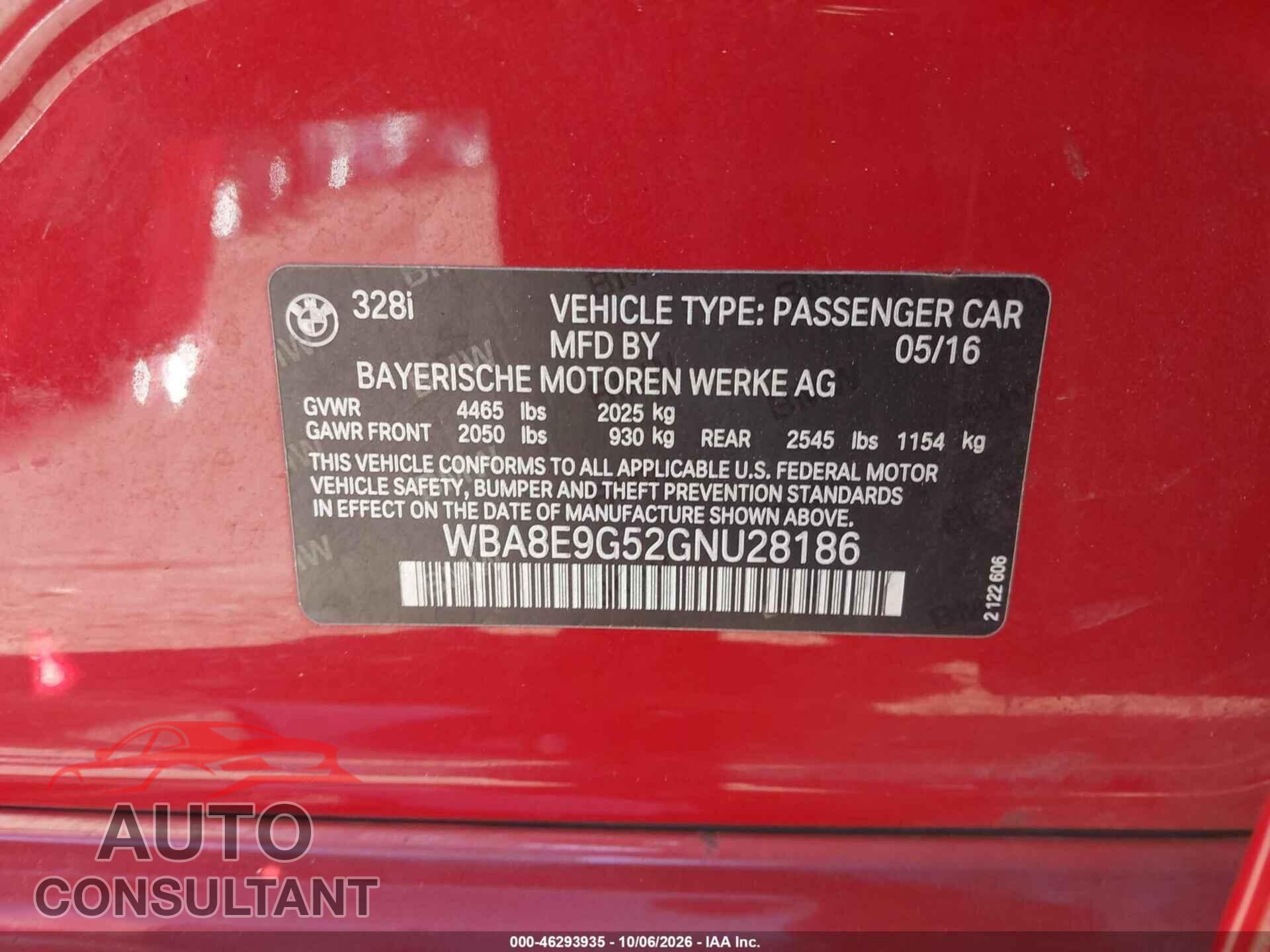 BMW 328I 2016 - WBA8E9G52GNU28186
