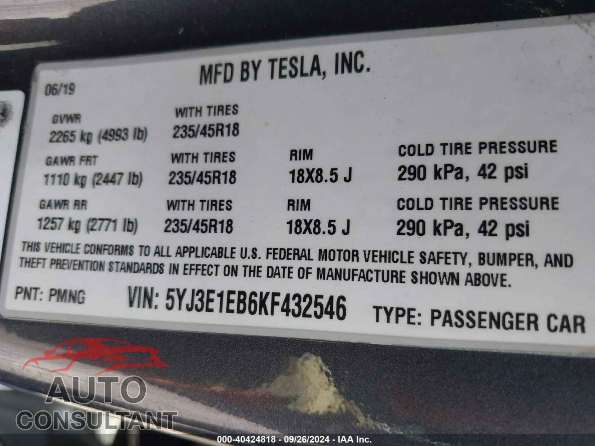 TESLA MODEL 3 2019 - 5YJ3E1EB6KF432546