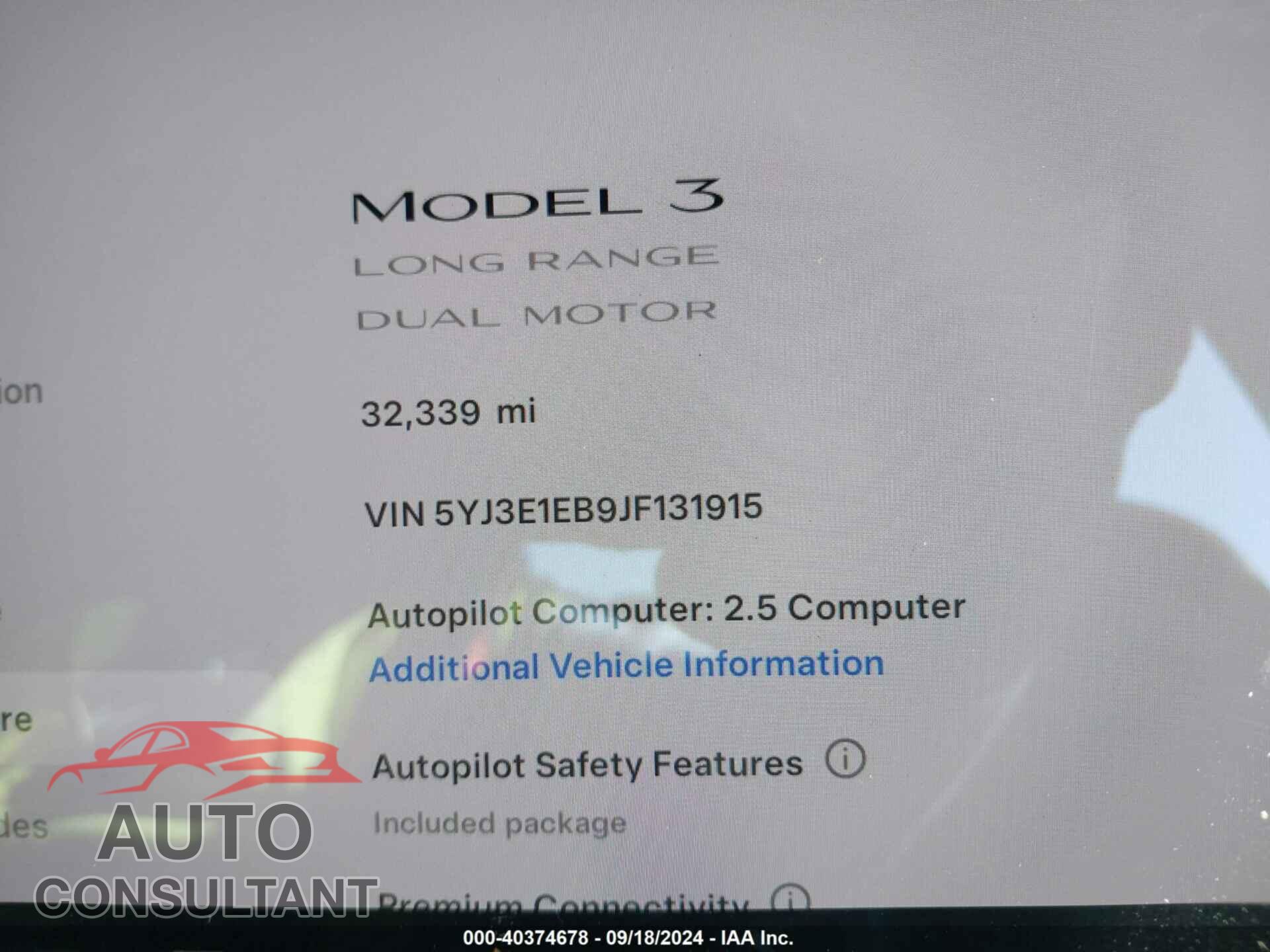 TESLA MODEL 3 2018 - 5YJ3E1EB9JF131915