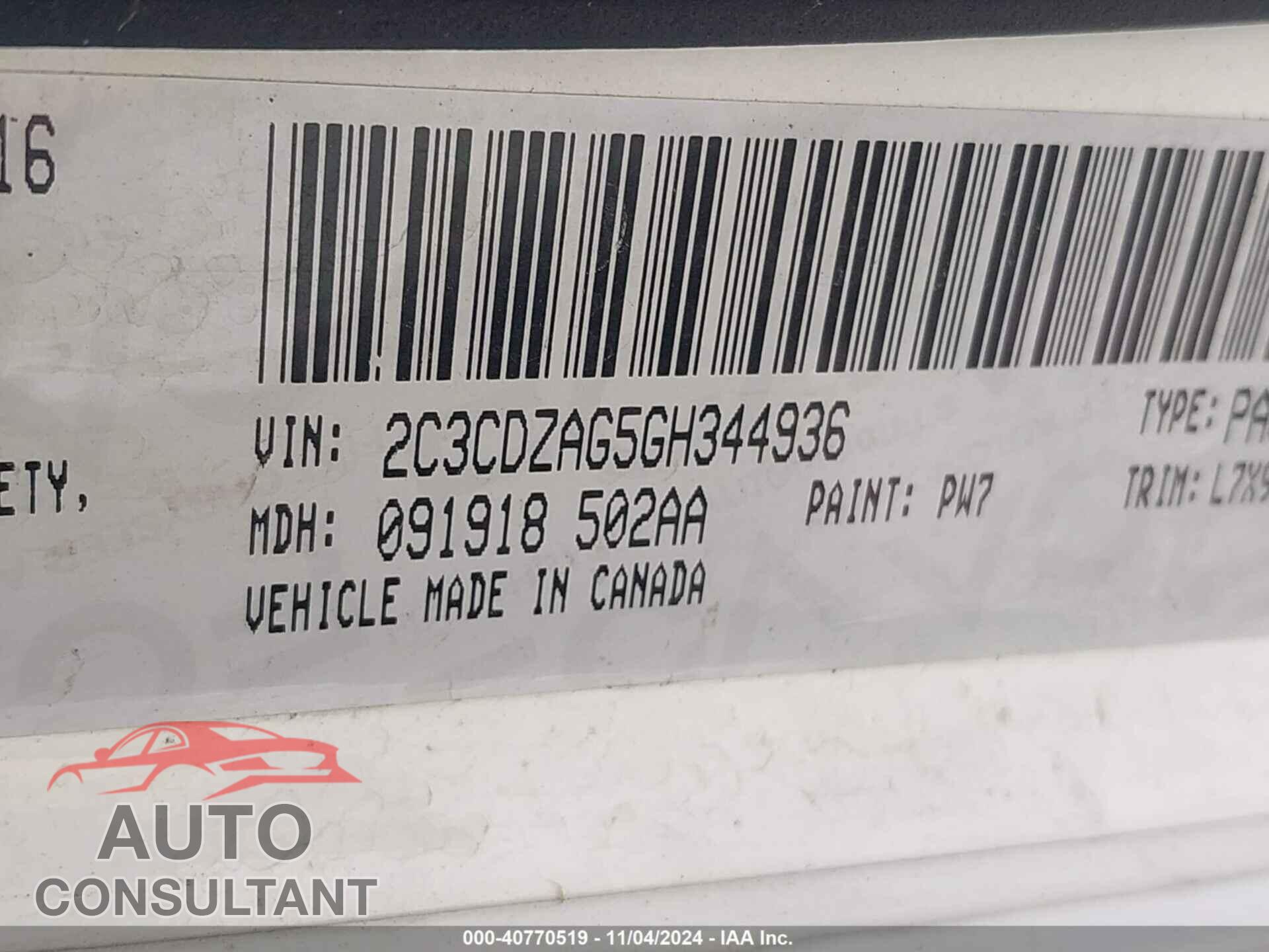 DODGE CHALLENGER 2016 - 2C3CDZAG5GH344936