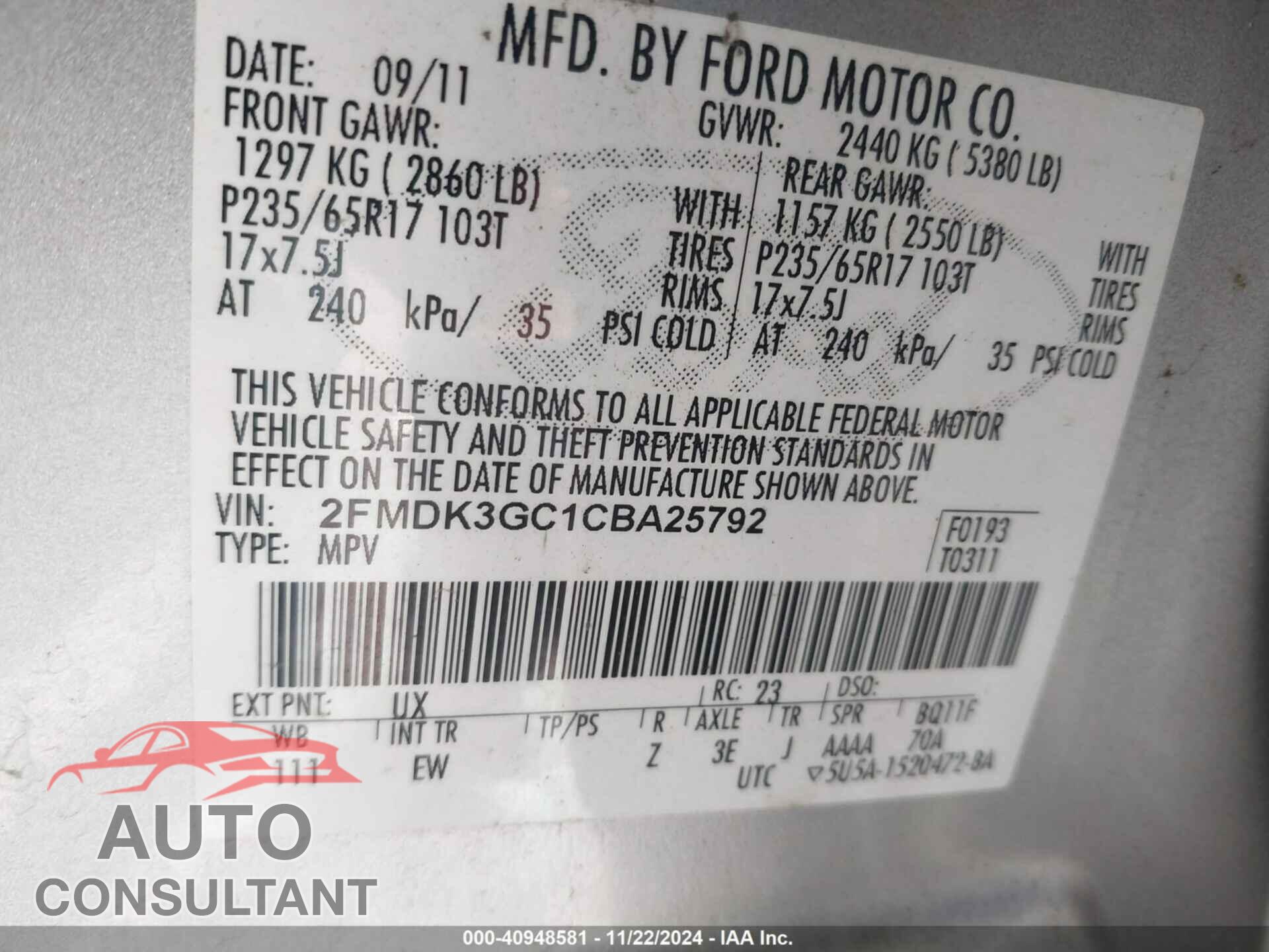 FORD EDGE 2012 - 2FMDK3GC1CBA25792