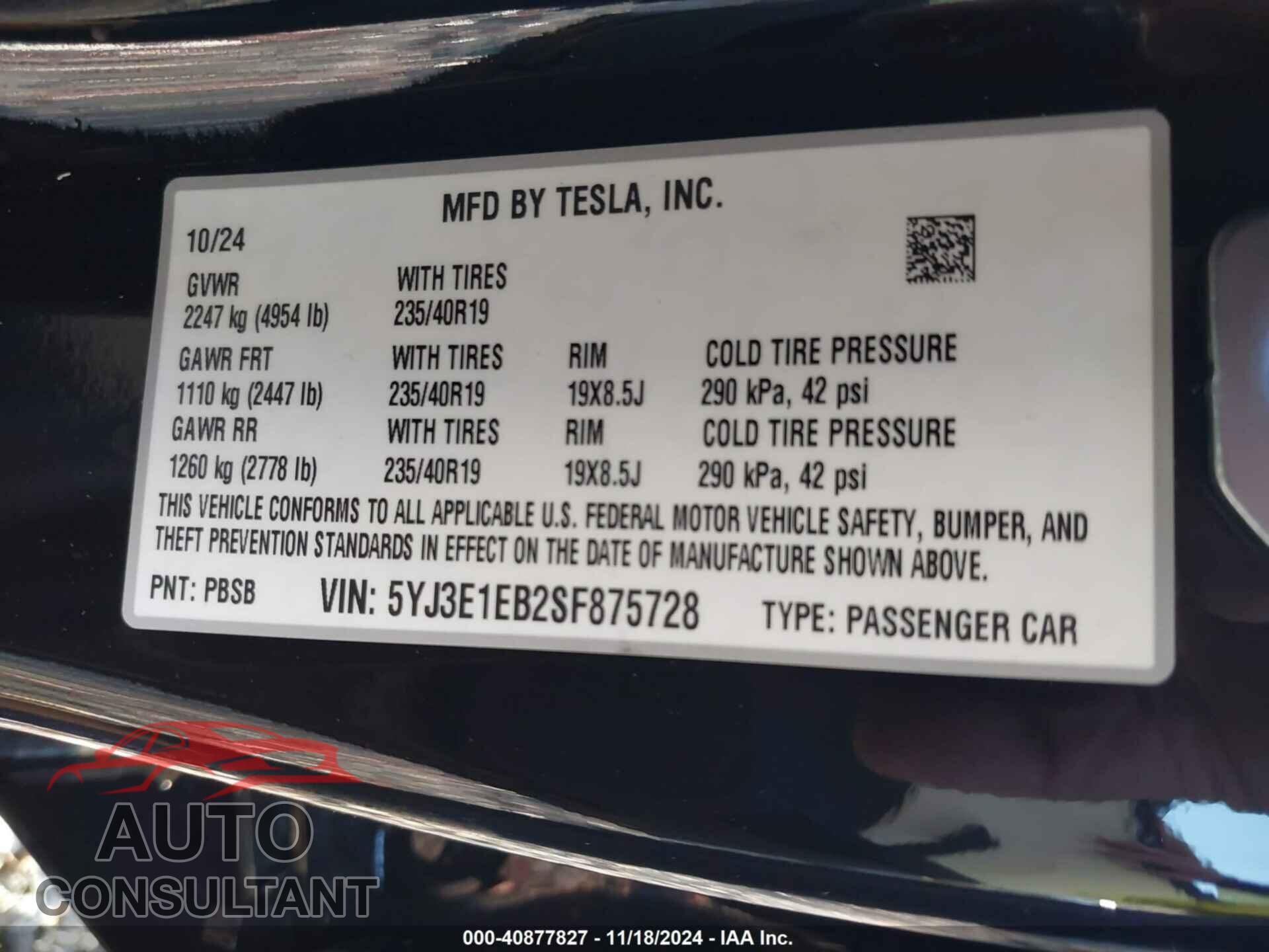 TESLA MODEL 3 2025 - 5YJ3E1EB2SF875728