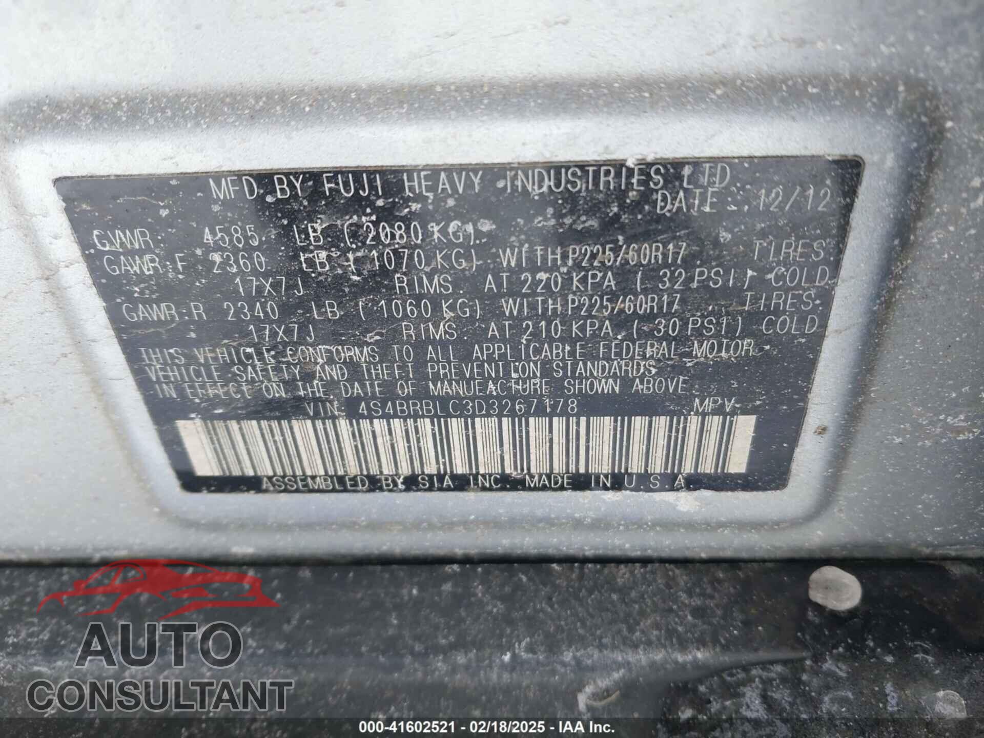 SUBARU OUTBACK 2013 - 4S4BRBLC3D3267178