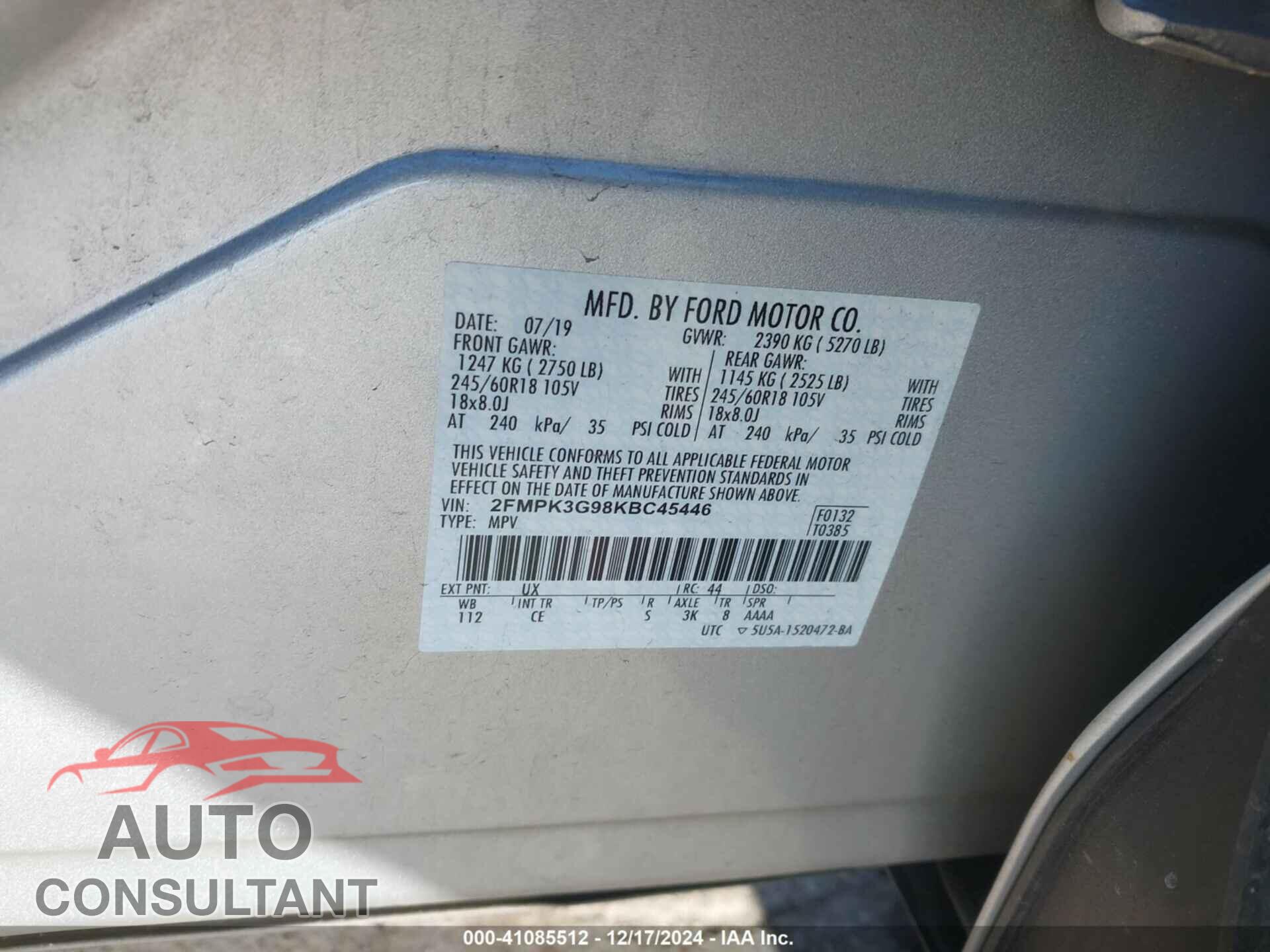 FORD EDGE 2019 - 2FMPK3G98KBC45446