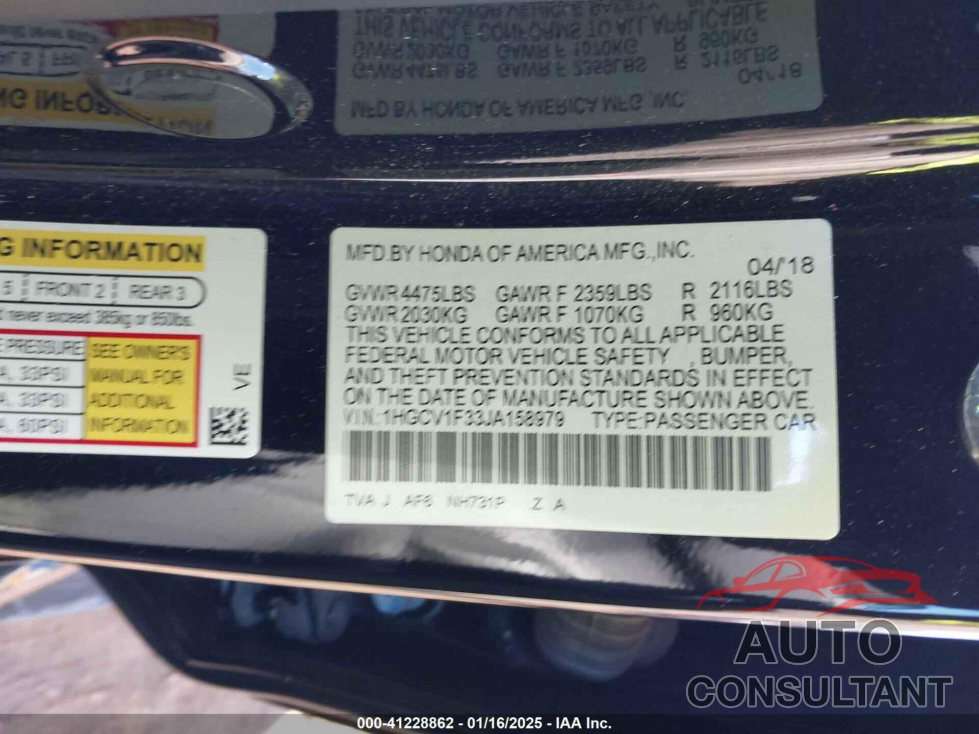 HONDA ACCORD 2018 - 1HGCV1F33JA158979