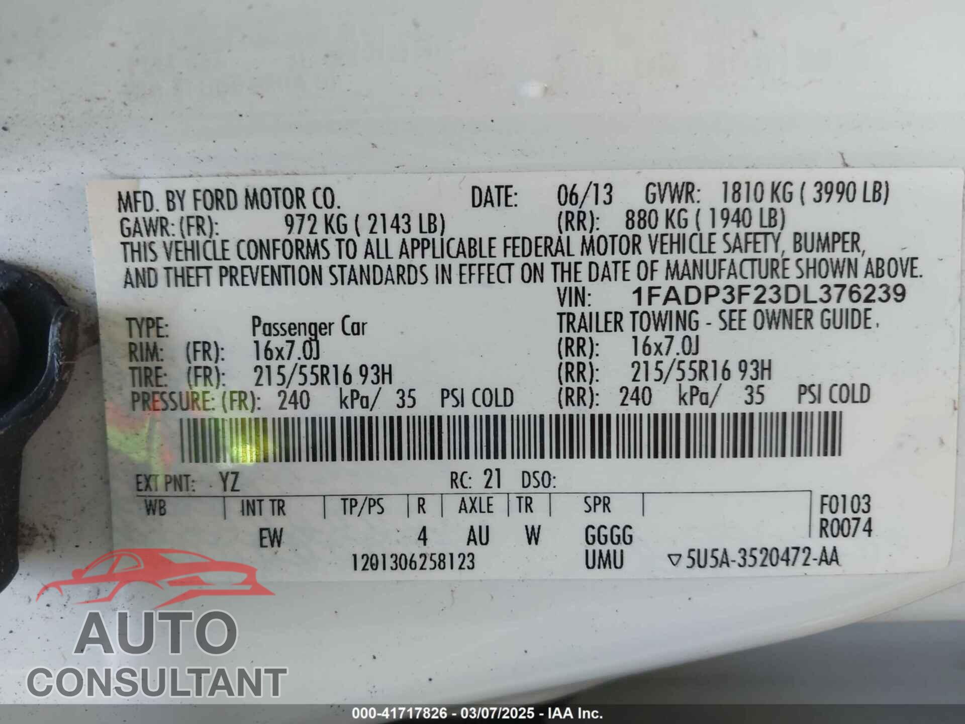 FORD FOCUS 2013 - 1FADP3F23DL376239