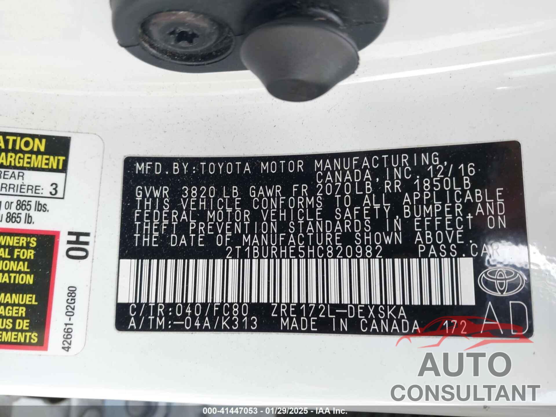 TOYOTA COROLLA 2017 - 2T1BURHE5HC820982