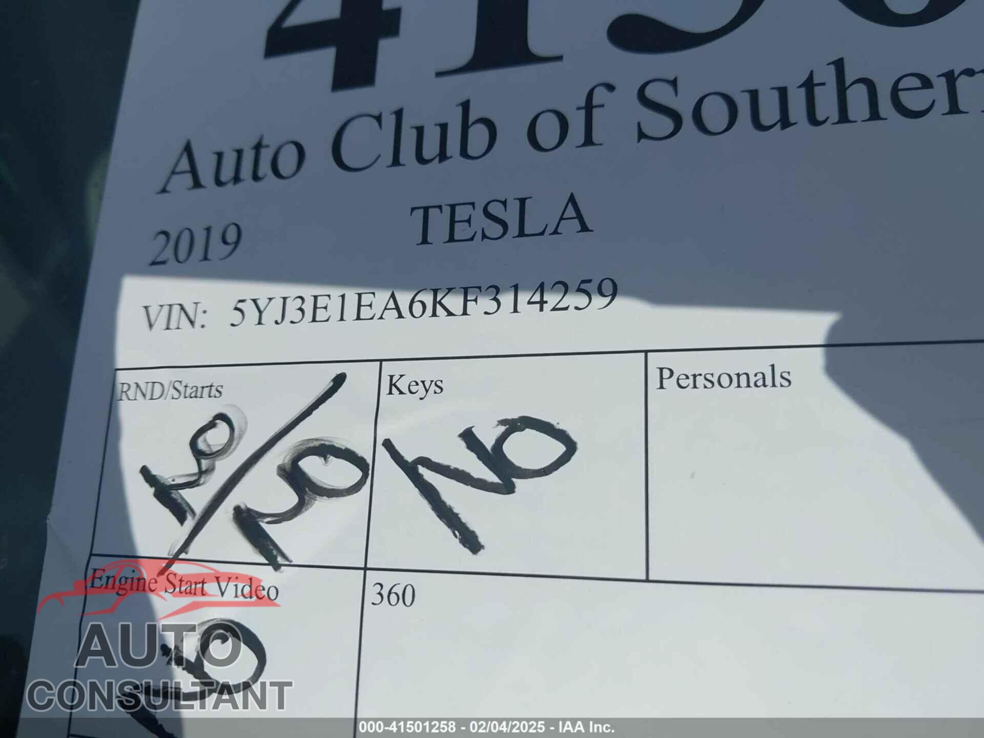 TESLA MODEL 3 2019 - 5YJ3E1EA6KF314259