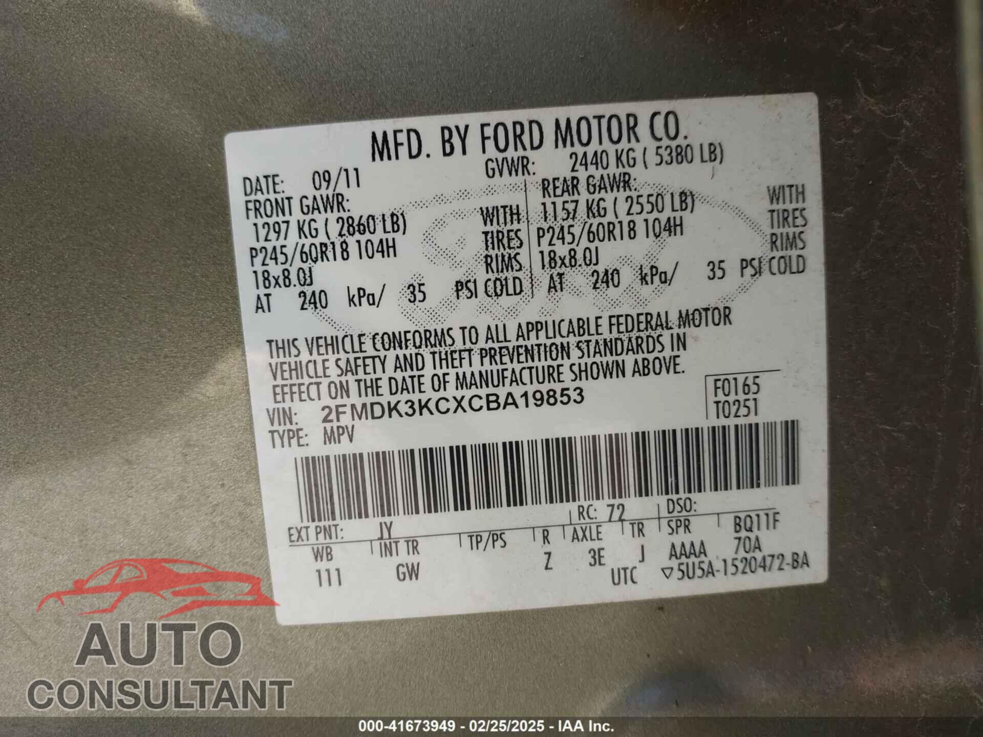 FORD EDGE 2012 - 2FMDK3KCXCBA19853